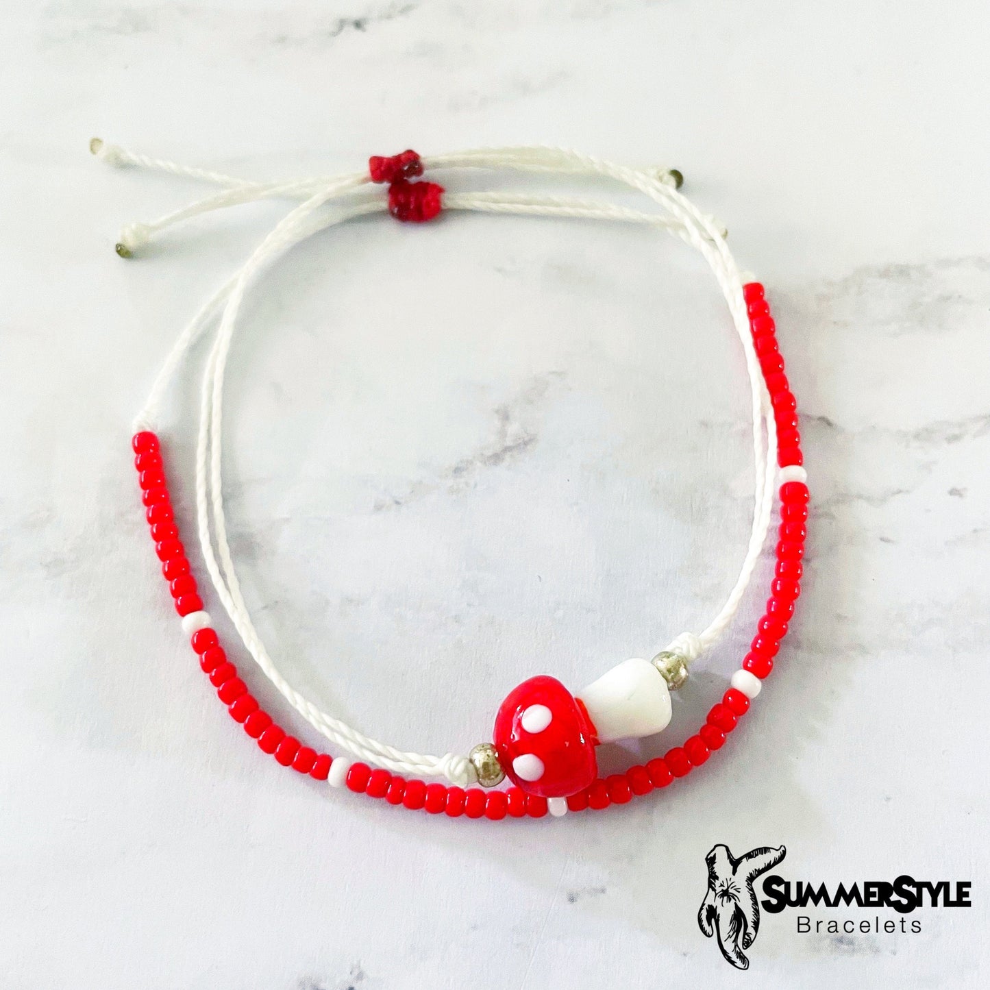 One of a Kind Red Mushroom Bracelet Set, Mushroom Jewelry, Seed Bead Bracelet, SummerStyle Bracelets