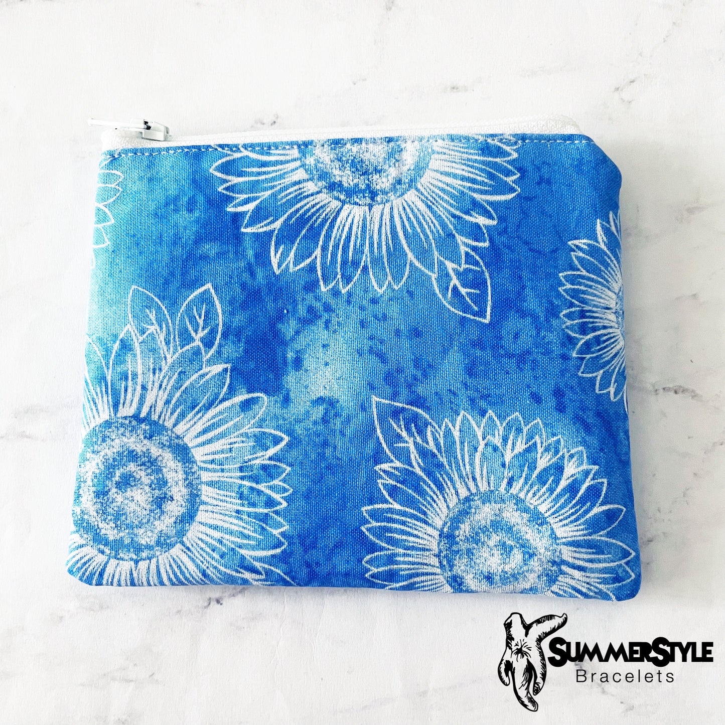 Blue Sunflower Zipper Pouch, Small Travel Bag, Zipper Coin Pouch, Toiletries Pouch, Sunflower Gift, SummerStyle Bracelets