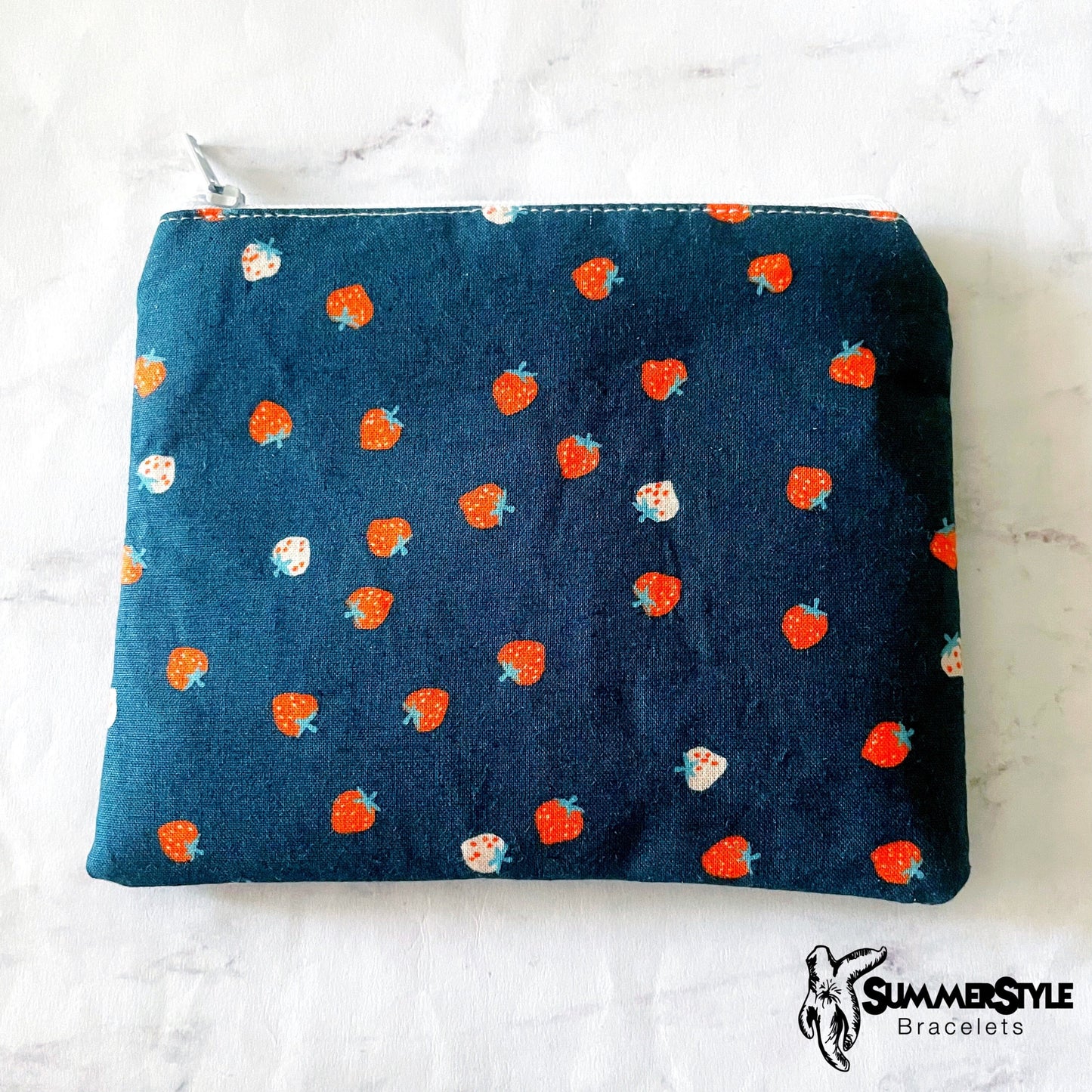 Navy Strawberry Zipper Pouch, Small Travel Bag, Zipper Coin Pouch, Toiletries Pouch, SummerStyle Bracelets