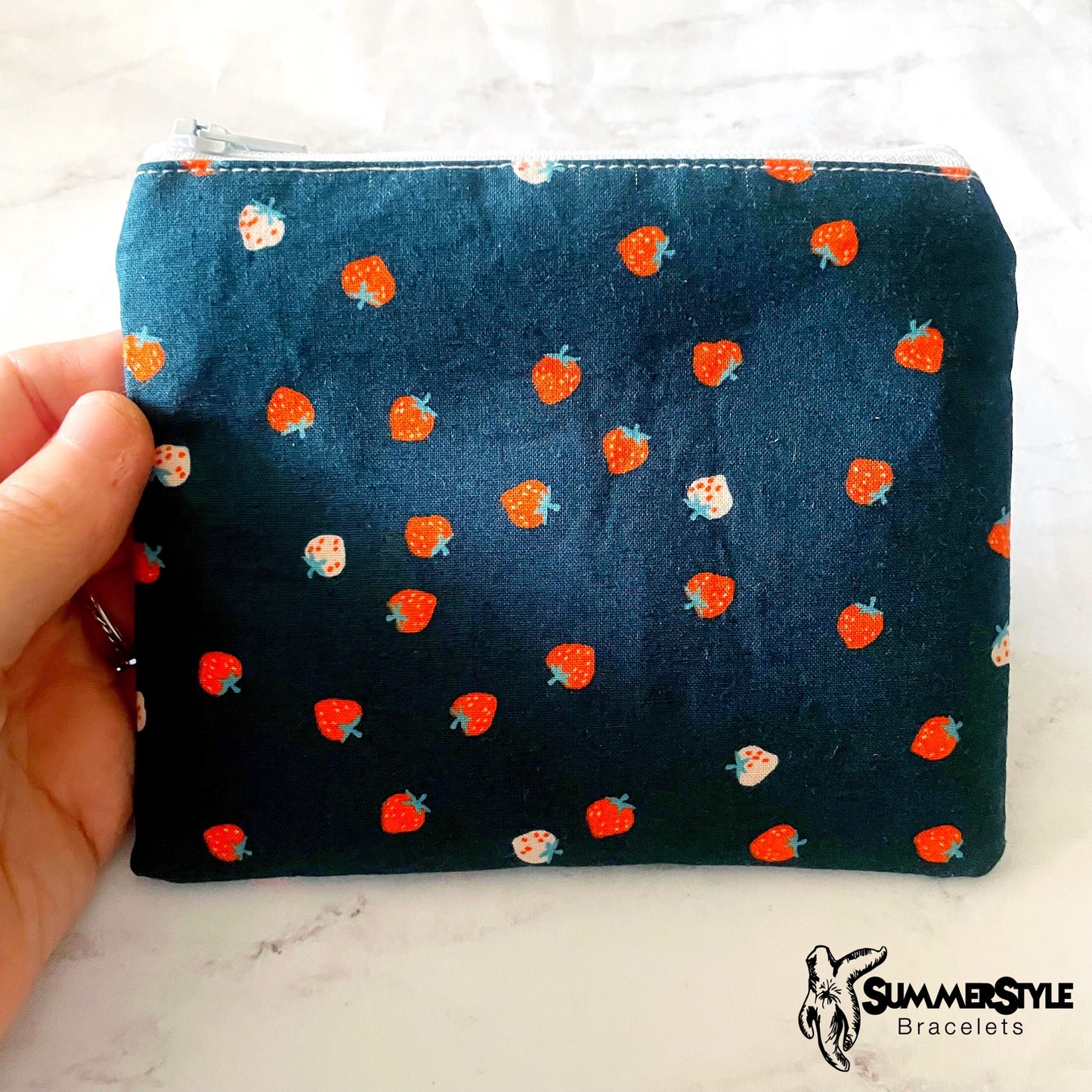 Navy Strawberry Zipper Pouch, Small Travel Bag, Zipper Coin Pouch, Toiletries Pouch, SummerStyle Bracelets