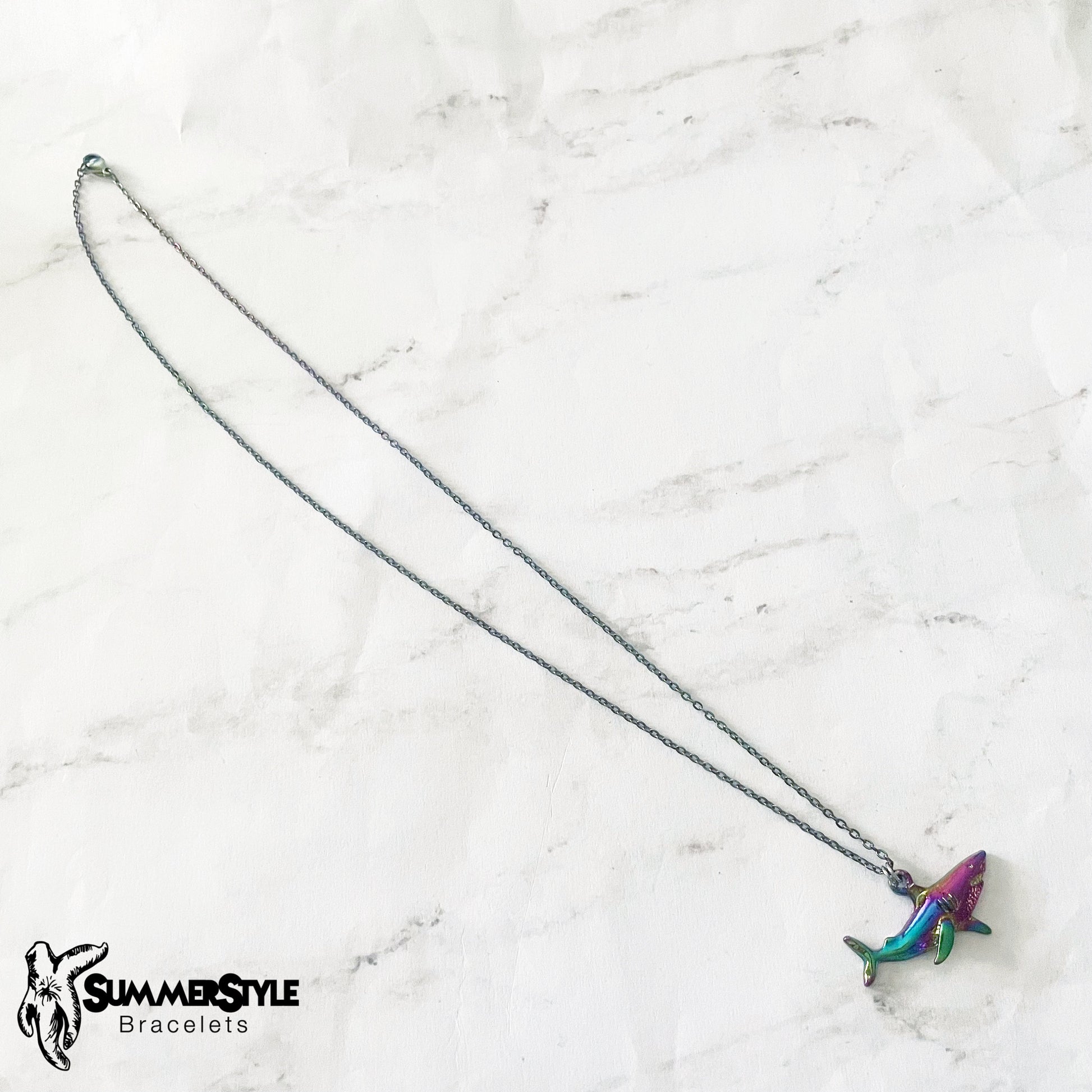 Oil Slick Rainbow Shark Charm Necklace, Shark Jewelry, Rainbow Chain Necklace, SummerStyle Bracelets