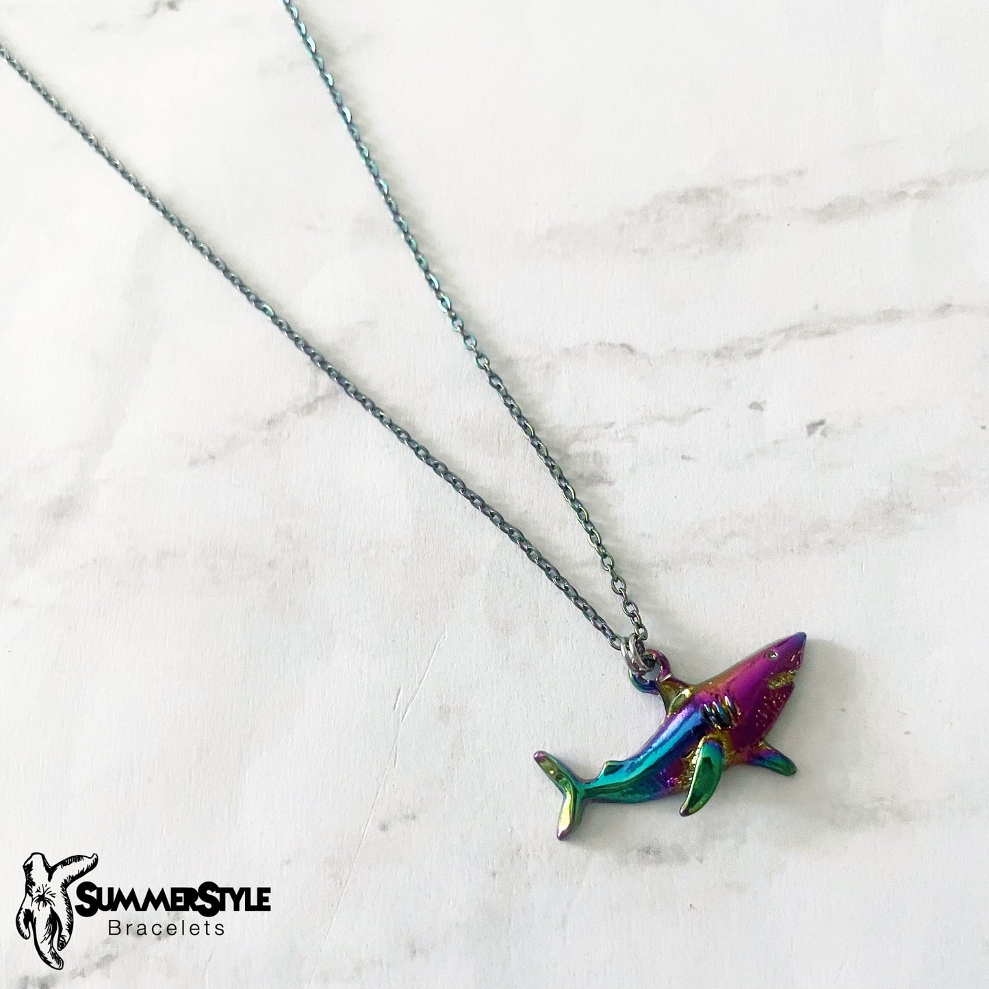 Oil Slick Rainbow Shark Charm Necklace, Shark Jewelry, Rainbow Chain Necklace, SummerStyle Bracelets