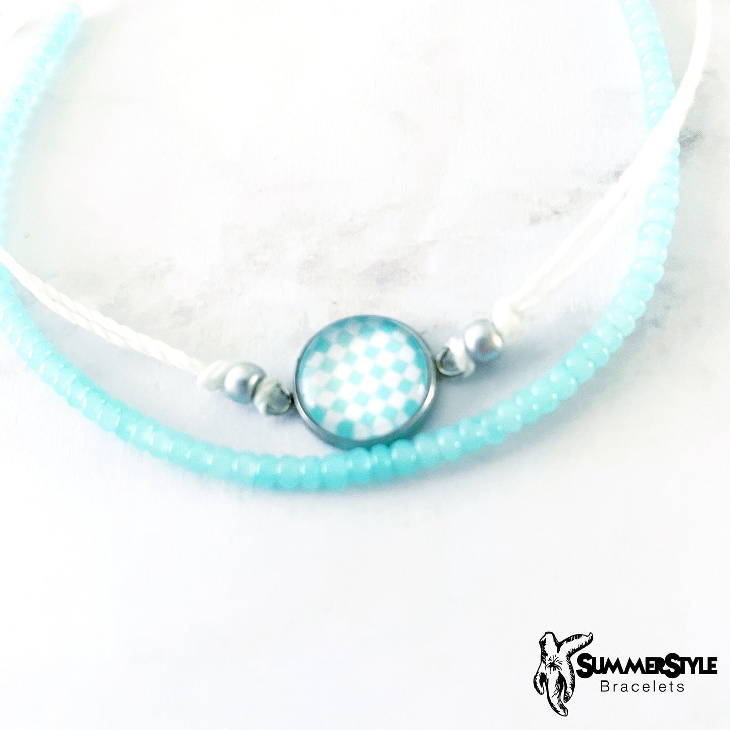 Teal Checkers Bracelet Set, Checkered Jewelry, Beaded Bracelets, SummerStyle Bracelets