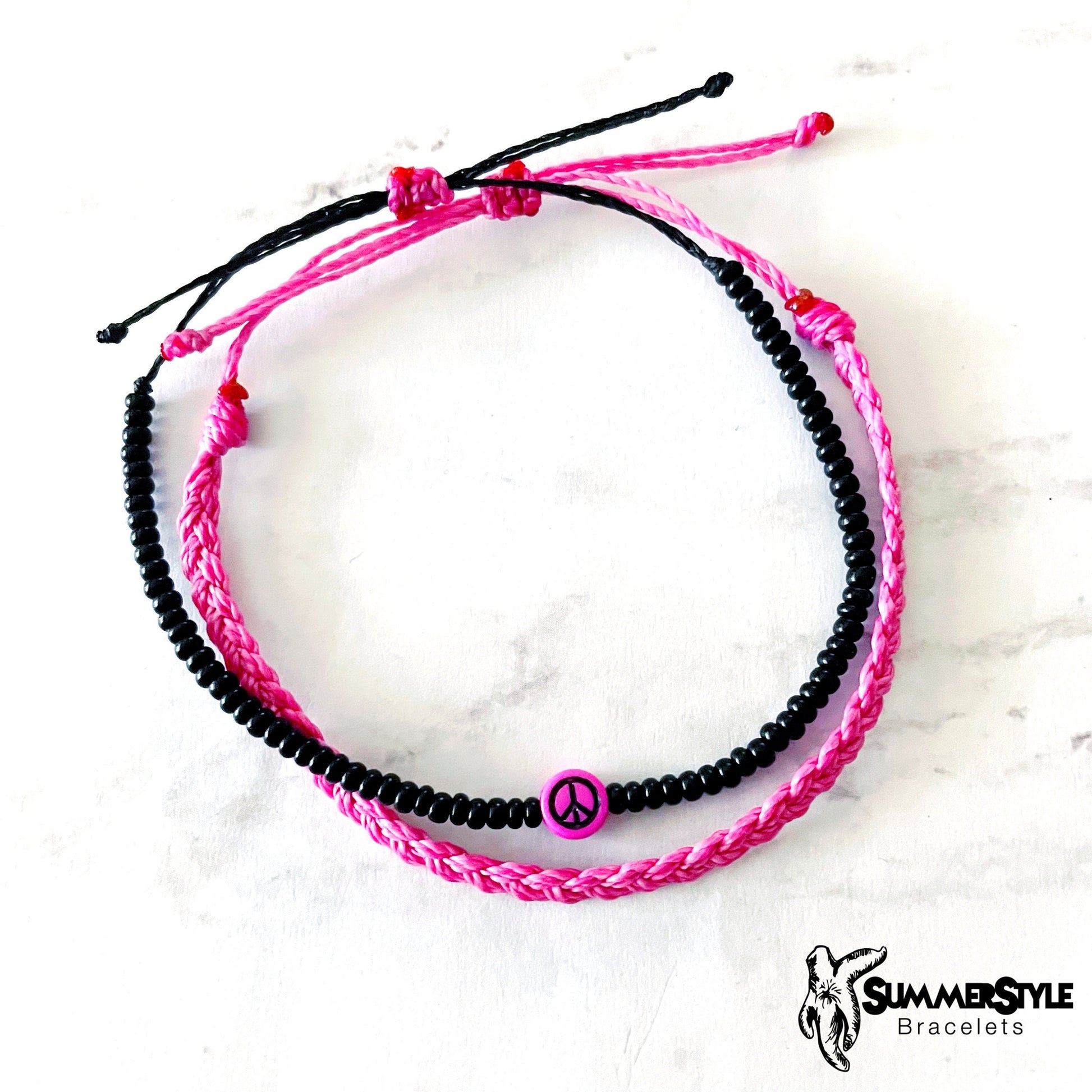 Cotton Candy Pink Peace Sign Bracelet Set, Hippie Jewelry, SummerStyle Bracelets