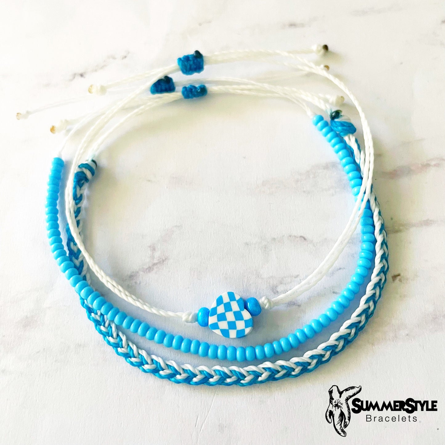 One of a Kind Bright Blue Checkered Heart Adjustable Waterproof Bracelet Pack, Heart Jewelry, Checkered Jewelry, SummerStyle Bracelets