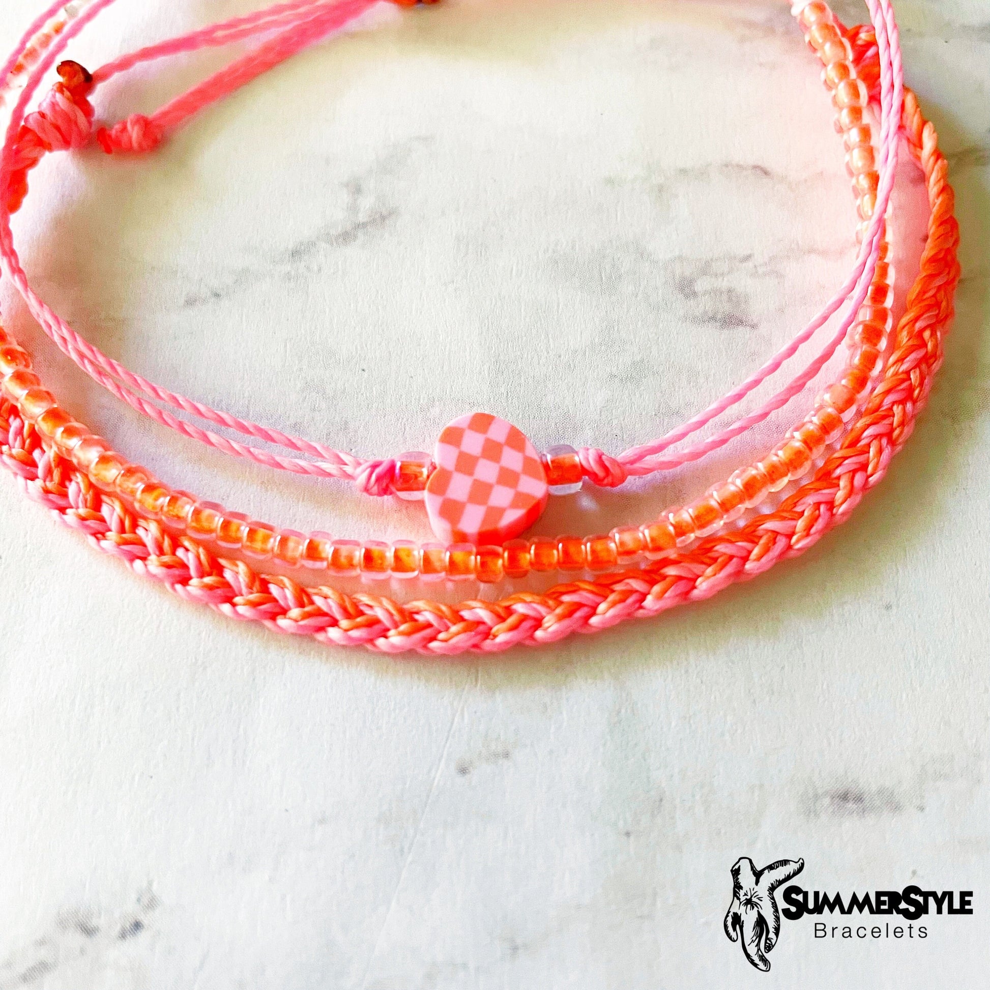 Neon Coral & Pink Checkered Heart Adjustable Waterproof Bracelet Pack, Heart Jewelry, Checkered Jewelry, SummerStyle Bracelets