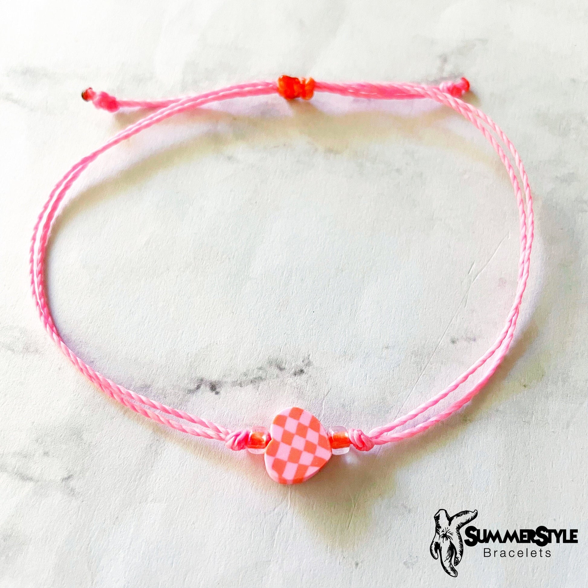 Neon Coral & Pink Checkered Heart Adjustable Waterproof Bracelet Pack, Heart Jewelry, Checkered Jewelry, SummerStyle Bracelets