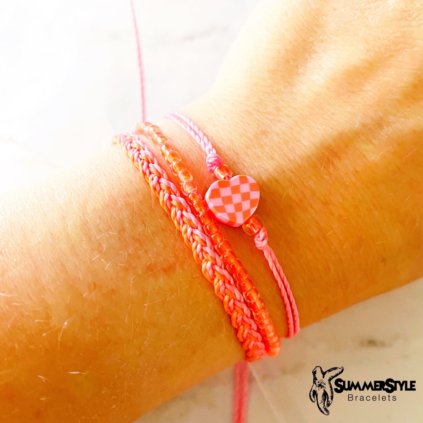 Neon Coral & Pink Checkered Heart Adjustable Waterproof Bracelet Pack, Heart Jewelry, Checkered Jewelry, SummerStyle Bracelets