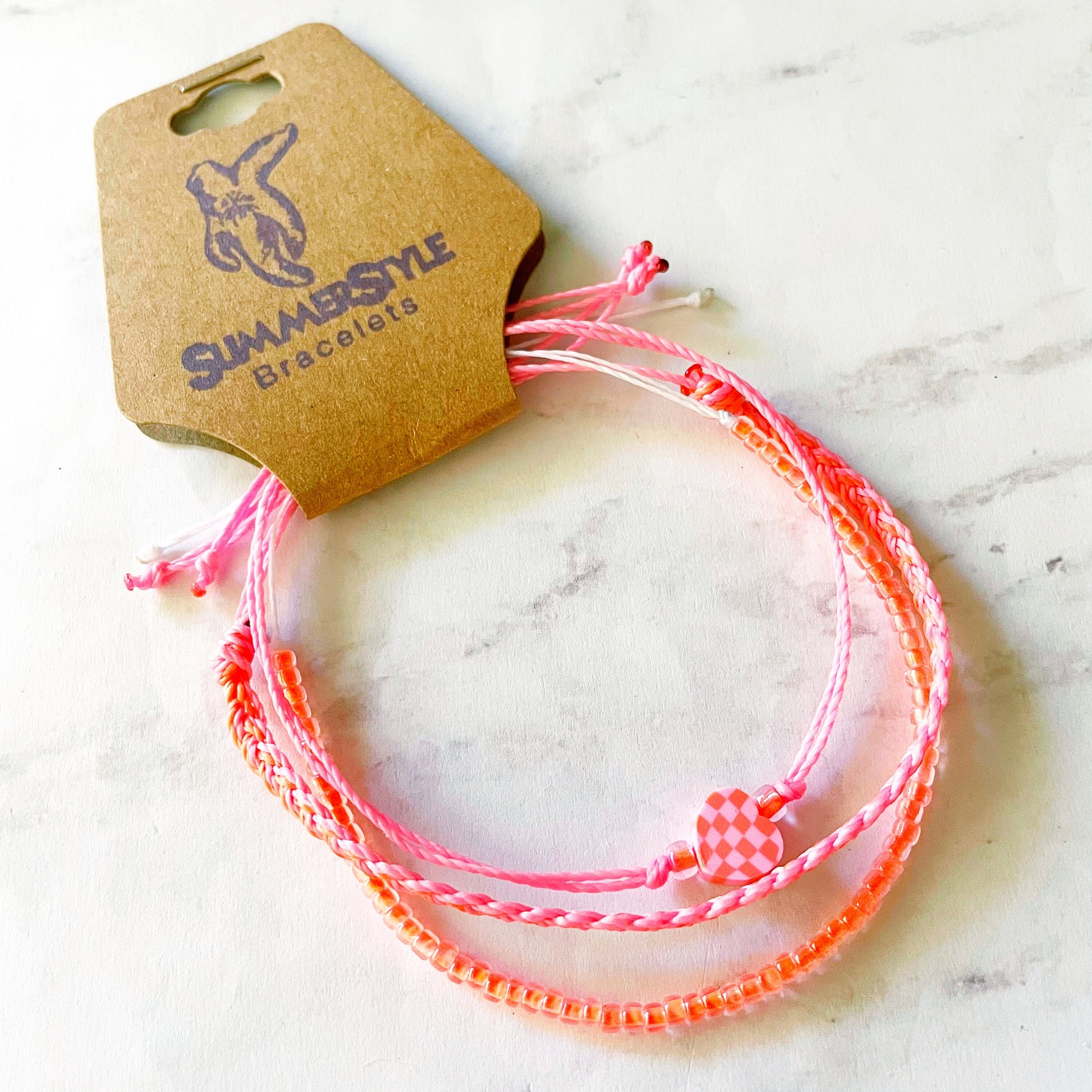 Neon Coral & Pink Checkered Heart Adjustable Waterproof Bracelet Pack, Heart Jewelry, Checkered Jewelry, SummerStyle Bracelets