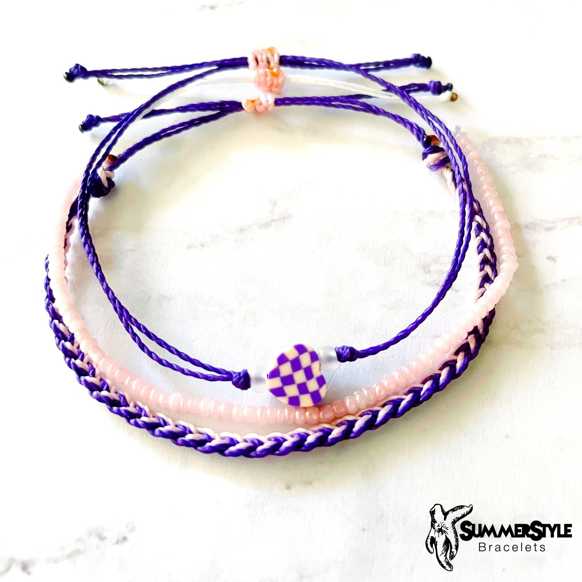 Royal Purple & Pink Checkered Heart Adjustable Waterproof Bracelet Pack, Heart Jewelry, Checkered Jewelry, SummerStyle Bracelets