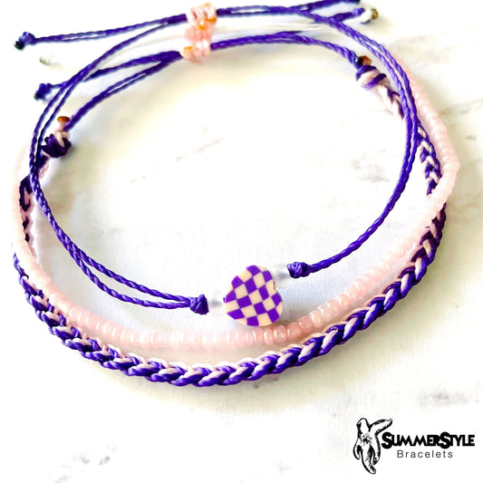 Royal Purple & Pink Checkered Heart Adjustable Waterproof Bracelet Pack, Heart Jewelry, Checkered Jewelry, SummerStyle Bracelets