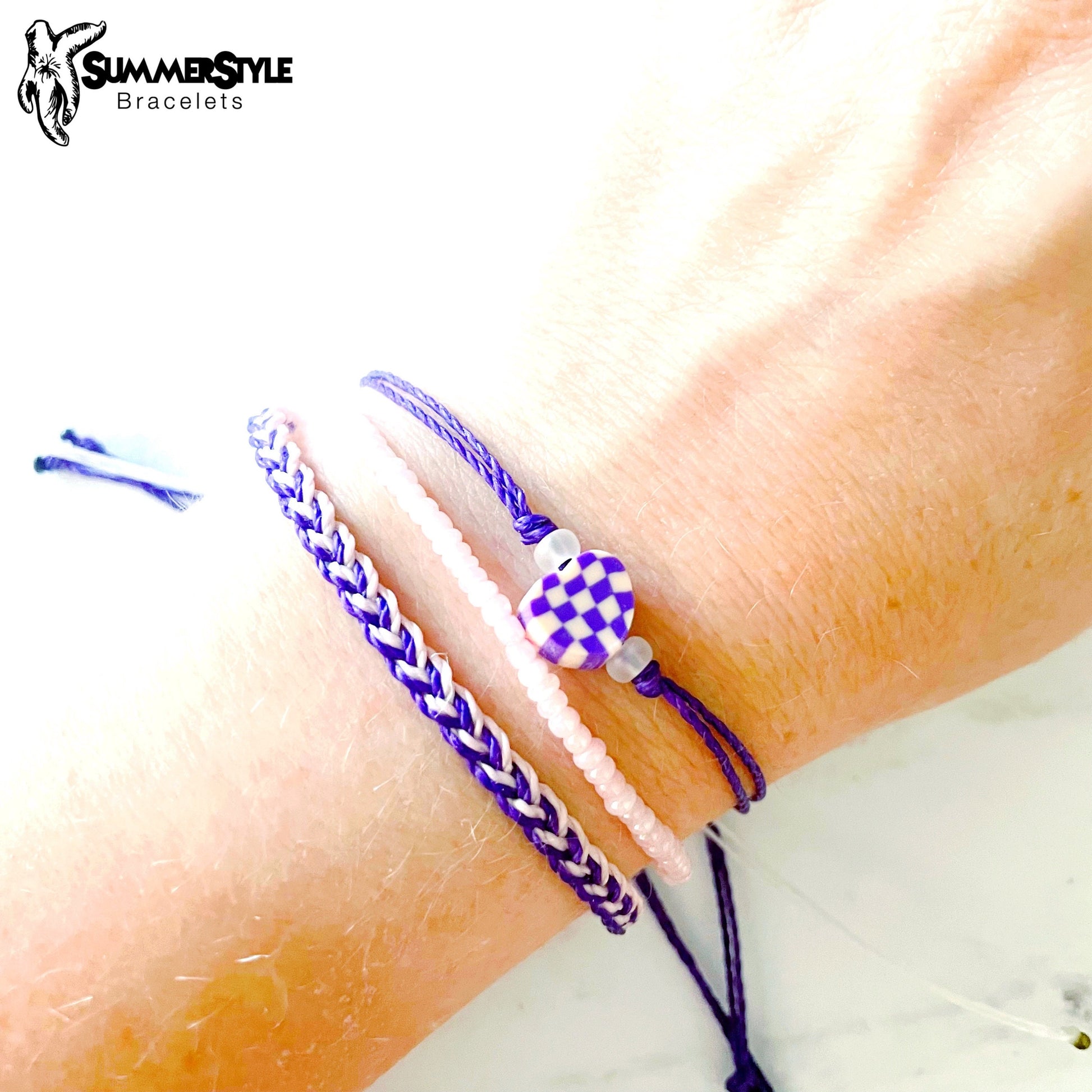 Royal Purple & Pink Checkered Heart Adjustable Waterproof Bracelet Pack, Heart Jewelry, Checkered Jewelry, SummerStyle Bracelets