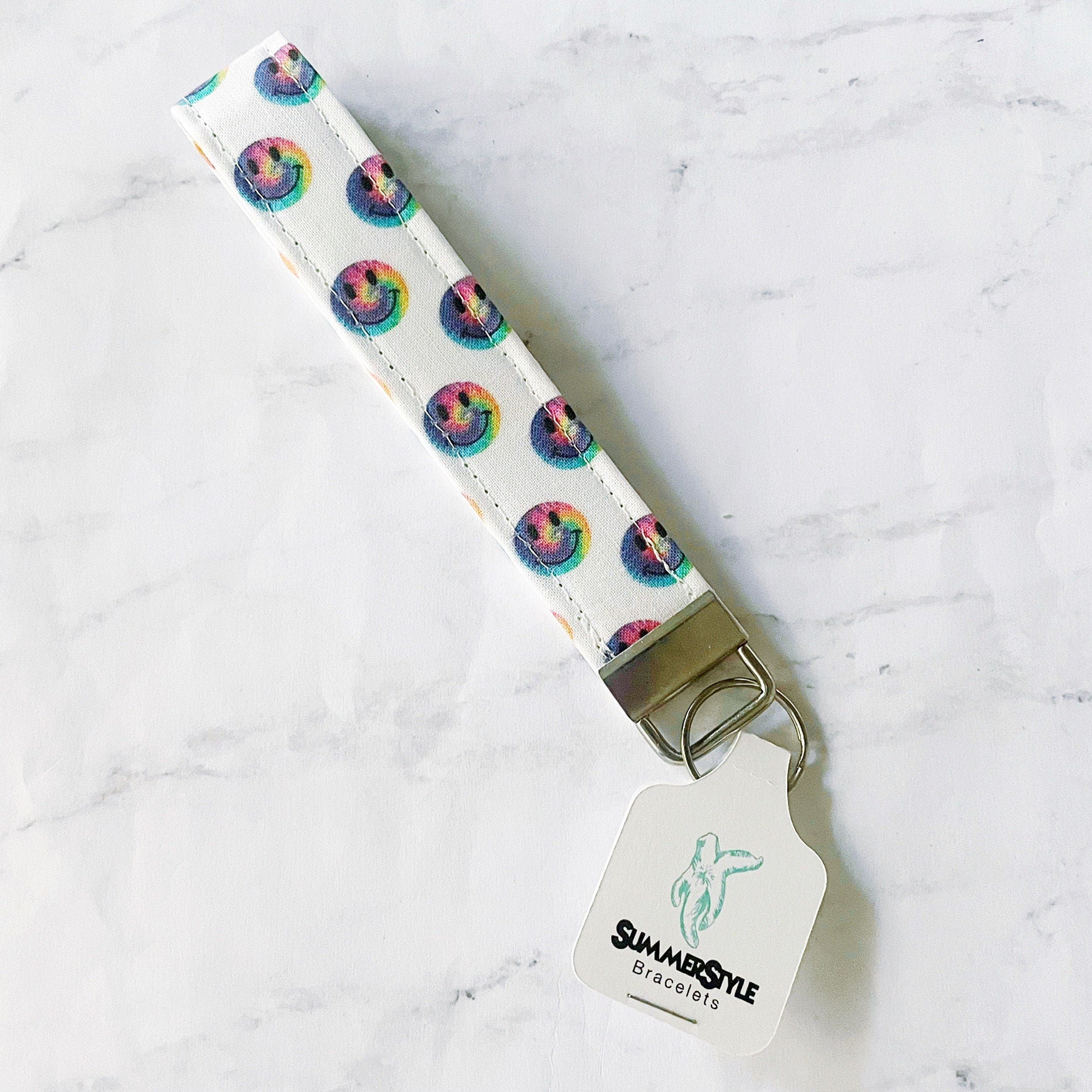 Smiley Face Key Fob Wristlet, 6.5in Wristlet Lanyard, Keychain Wristlet, Handmade Lanyard, SummerStyle Bracelets