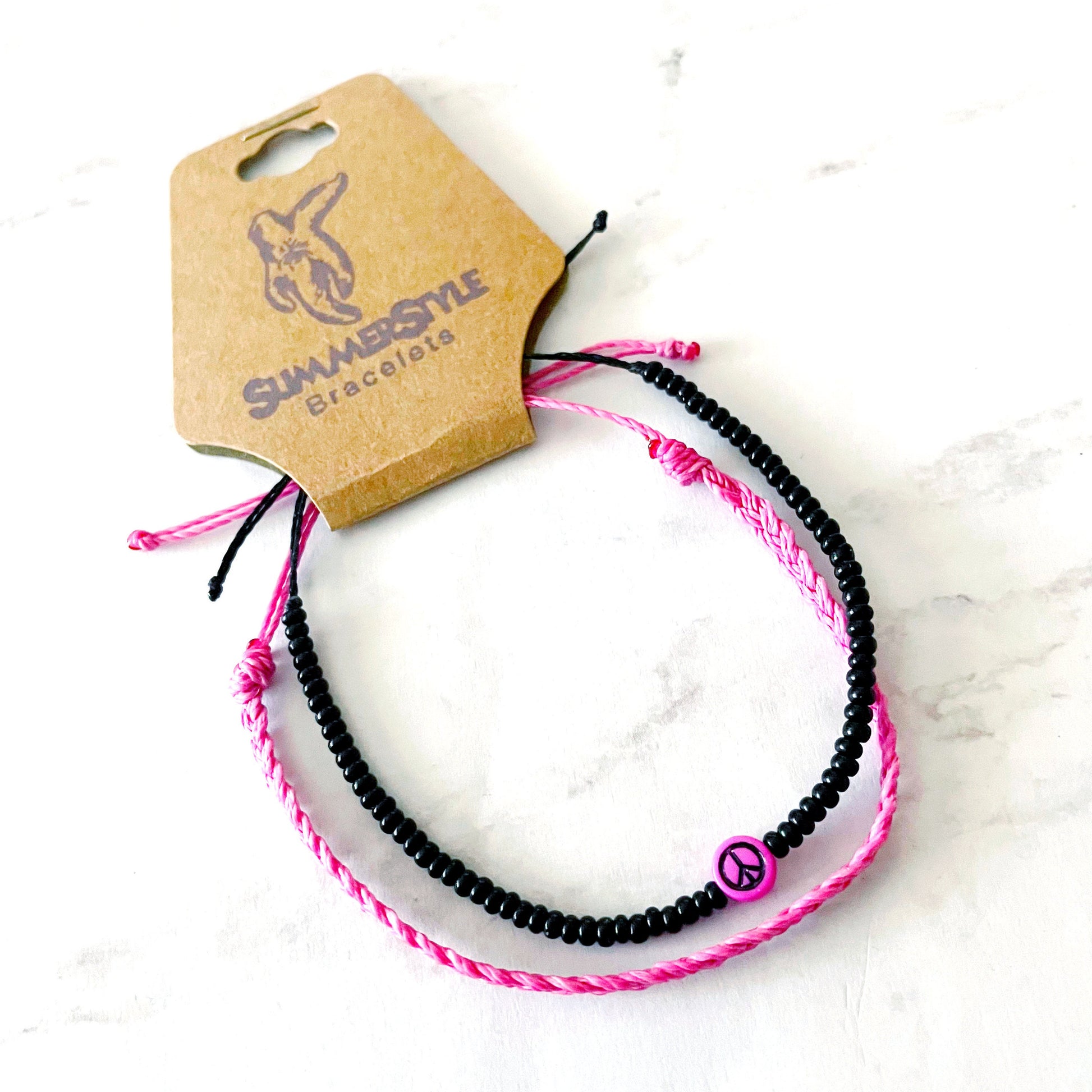 Cotton Candy Pink Peace Sign Bracelet Set, Hippie Jewelry, SummerStyle Bracelets