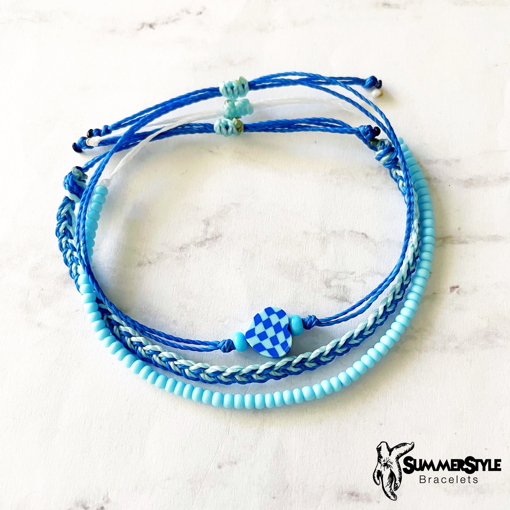 Ocean Blue Checkered Heart Adjustable Waterproof Bracelet Pack, Heart Jewelry, Checkered Jewelry, SummerStyle Bracelets