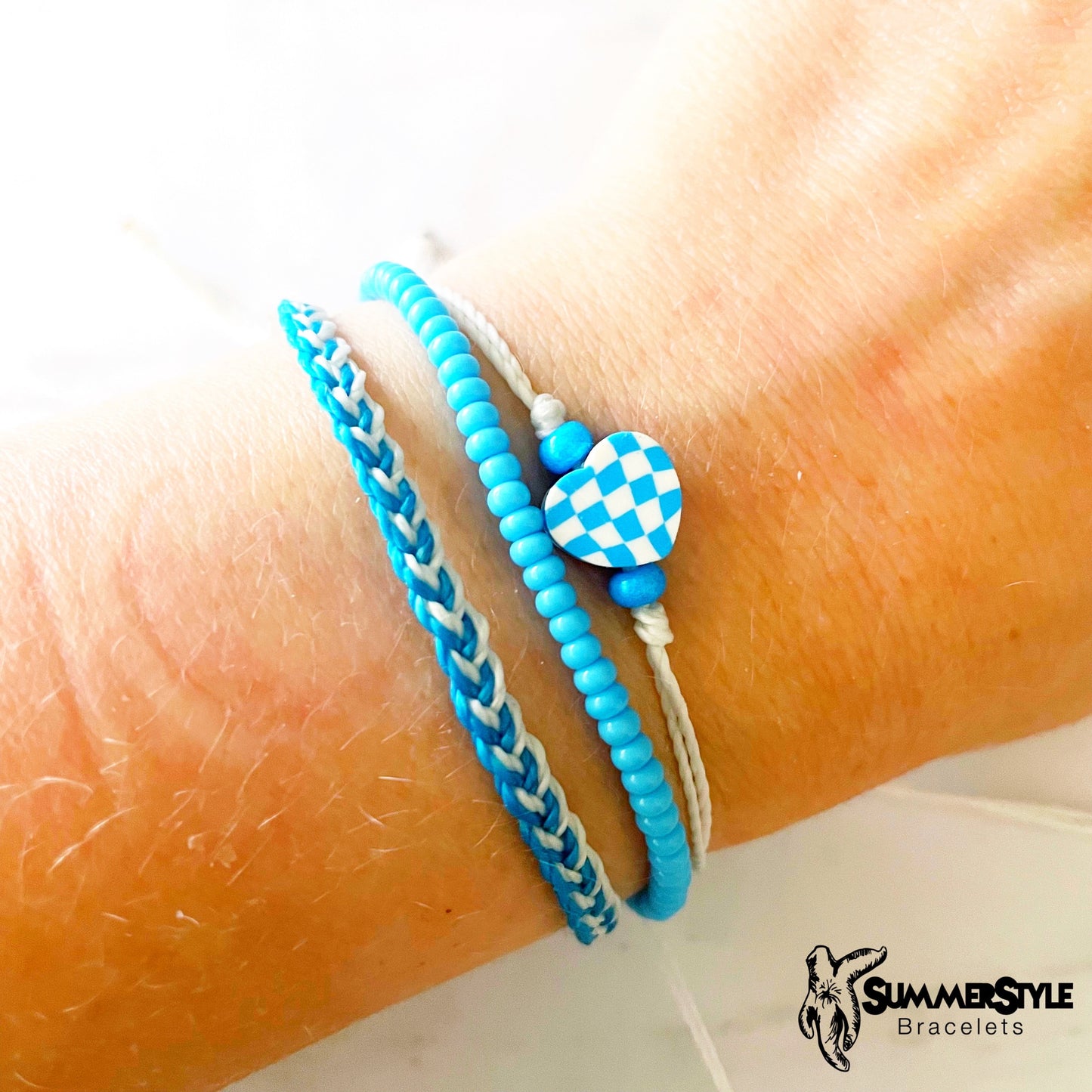 One of a Kind Bright Blue Checkered Heart Adjustable Waterproof Bracelet Pack, Heart Jewelry, Checkered Jewelry, SummerStyle Bracelets