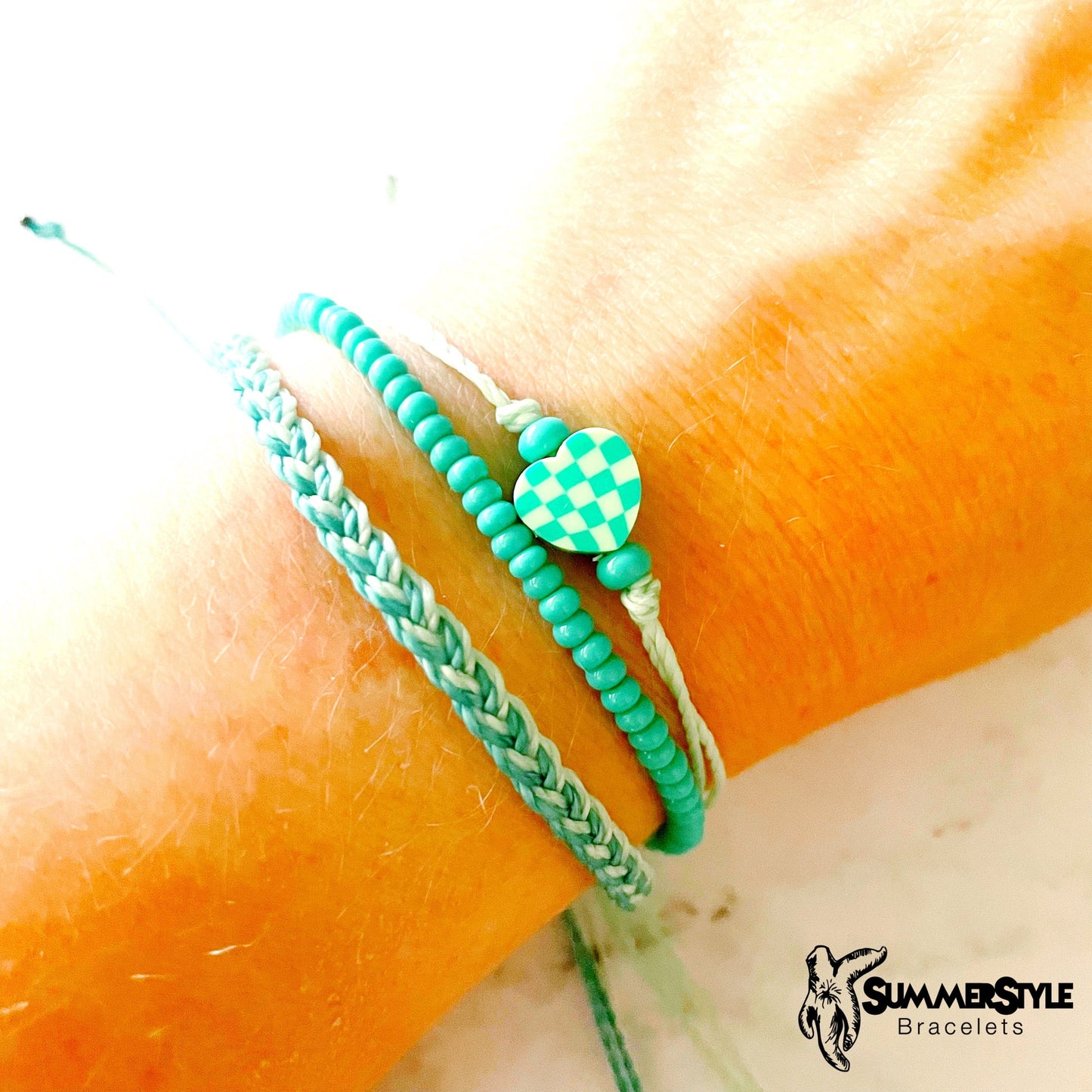 Mint & Teal Checkered Heart Adjustable Waterproof Bracelet Pack, Heart Jewelry, Checkered Jewelry, SummerStyle Bracelets