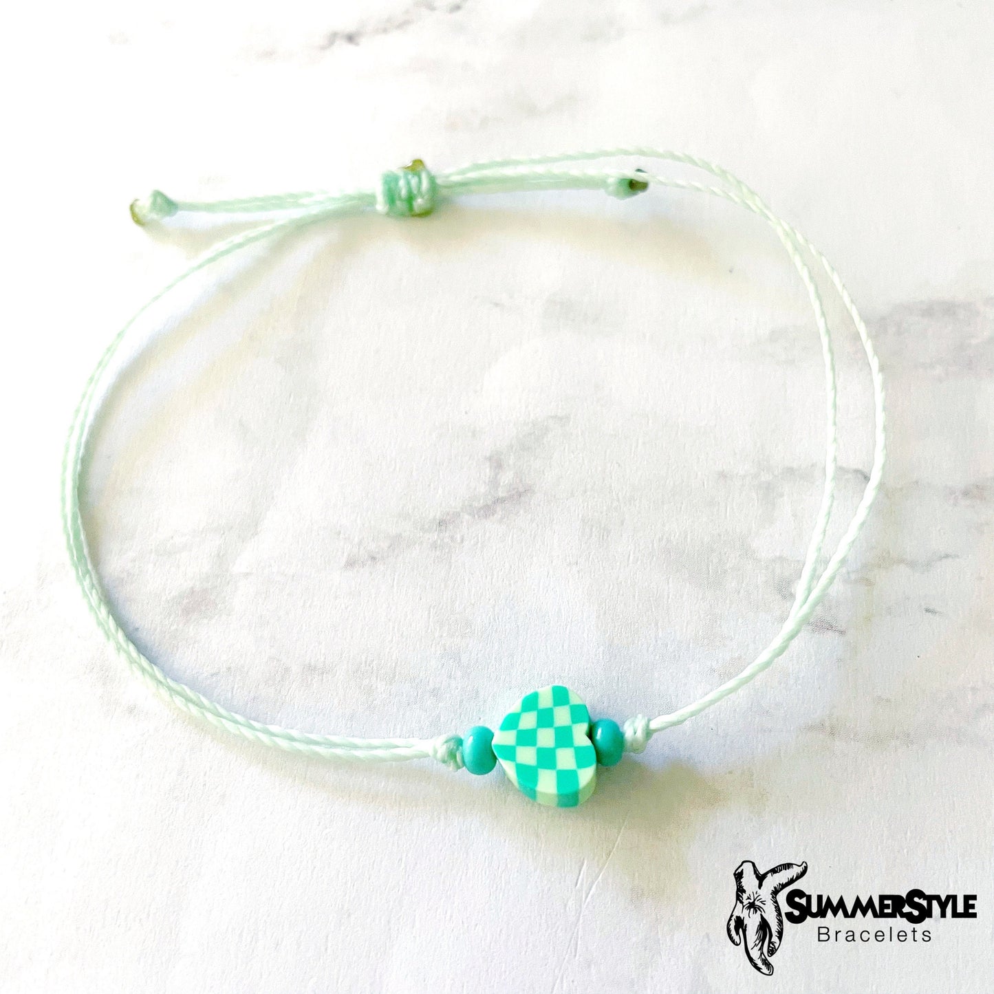 Mint & Teal Checkered Heart Adjustable Waterproof Bracelet Pack, Heart Jewelry, Checkered Jewelry, SummerStyle Bracelets