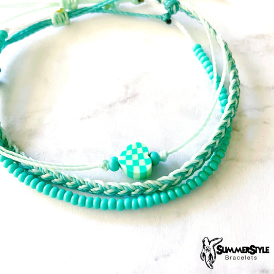 Mint & Teal Checkered Heart Adjustable Waterproof Bracelet Pack, Heart Jewelry, Checkered Jewelry, SummerStyle Bracelets