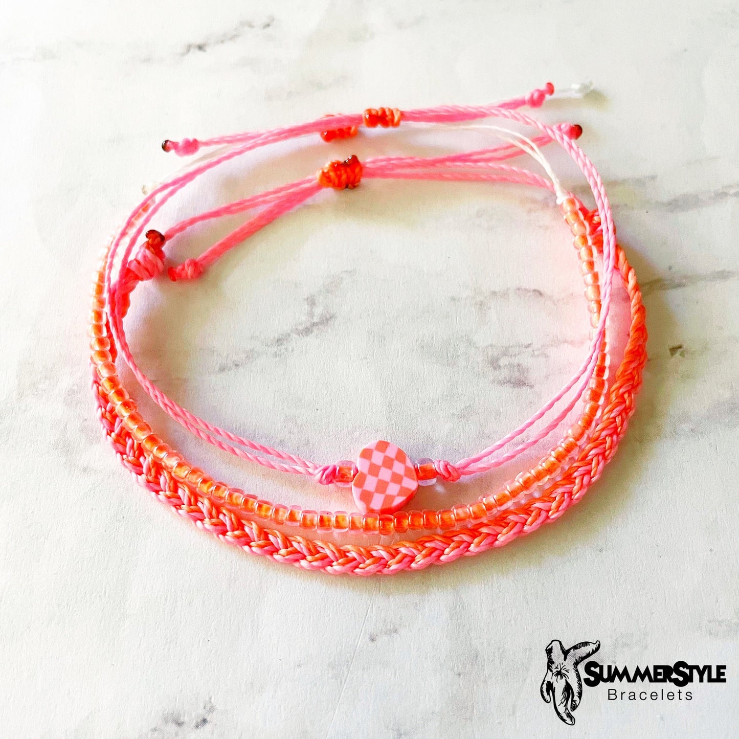 Neon Coral & Pink Checkered Heart Adjustable Waterproof Bracelet Pack, Heart Jewelry, Checkered Jewelry, SummerStyle Bracelets