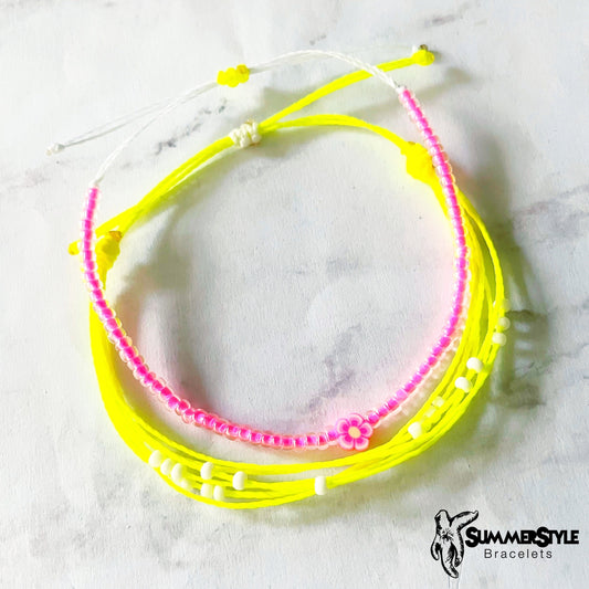 Hot Pink Flower Adjustable Waterproof Bracelet Pack, Flower Bracelet, Seed Bead Bracelet, Floral Jewelry, SummerStyle Bracelets