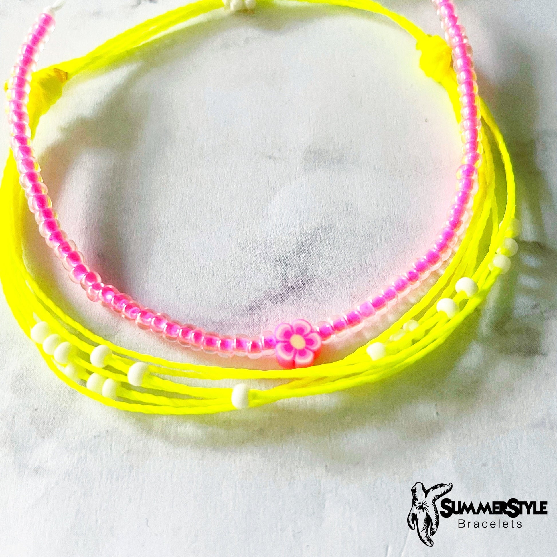 Hot Pink Flower Adjustable Waterproof Bracelet Pack, Flower Bracelet, Seed Bead Bracelet, Floral Jewelry, SummerStyle Bracelets