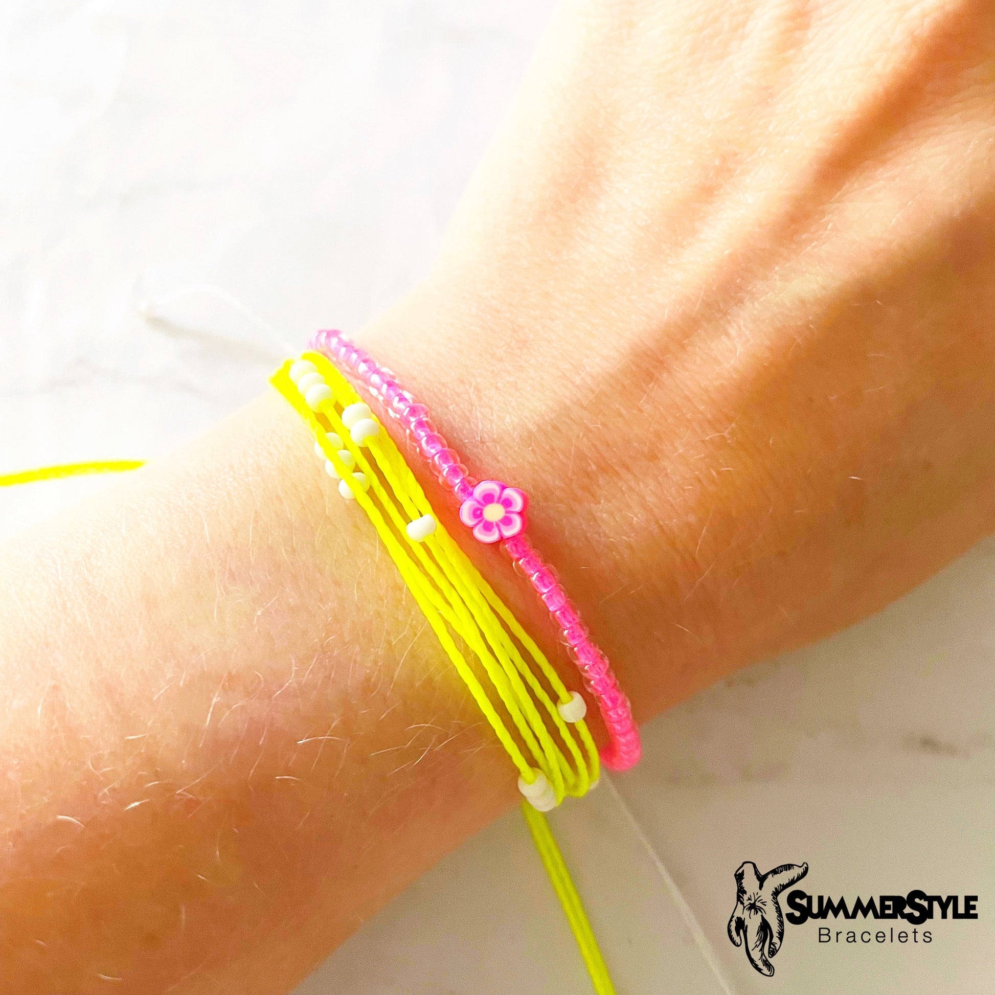 Hot Pink Flower Adjustable Waterproof Bracelet Pack, Flower Bracelet, Seed Bead Bracelet, Floral Jewelry, SummerStyle Bracelets