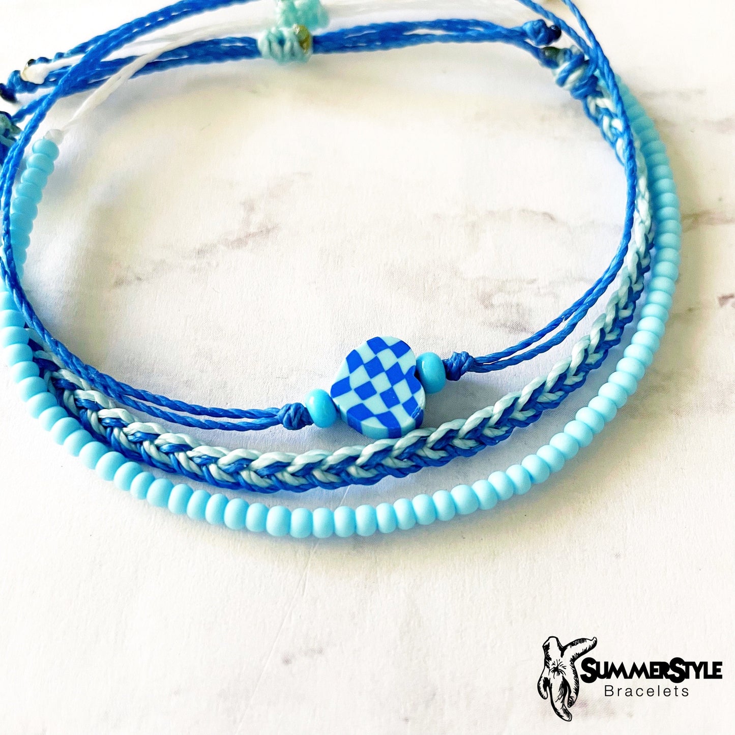 Ocean Blue Checkered Heart Adjustable Waterproof Bracelet Pack, Heart Jewelry, Checkered Jewelry, SummerStyle Bracelets