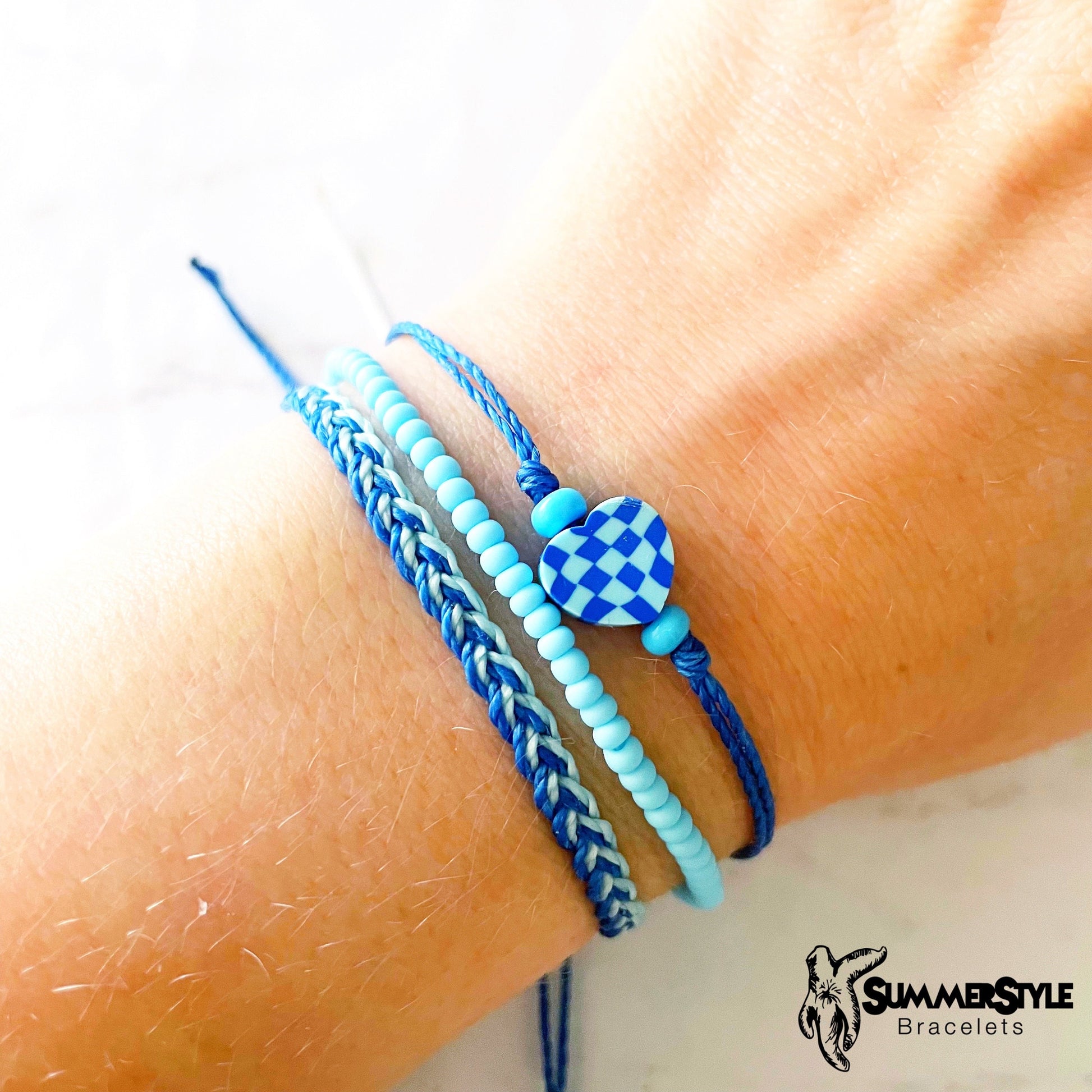 Ocean Blue Checkered Heart Adjustable Waterproof Bracelet Pack, Heart Jewelry, Checkered Jewelry, SummerStyle Bracelets