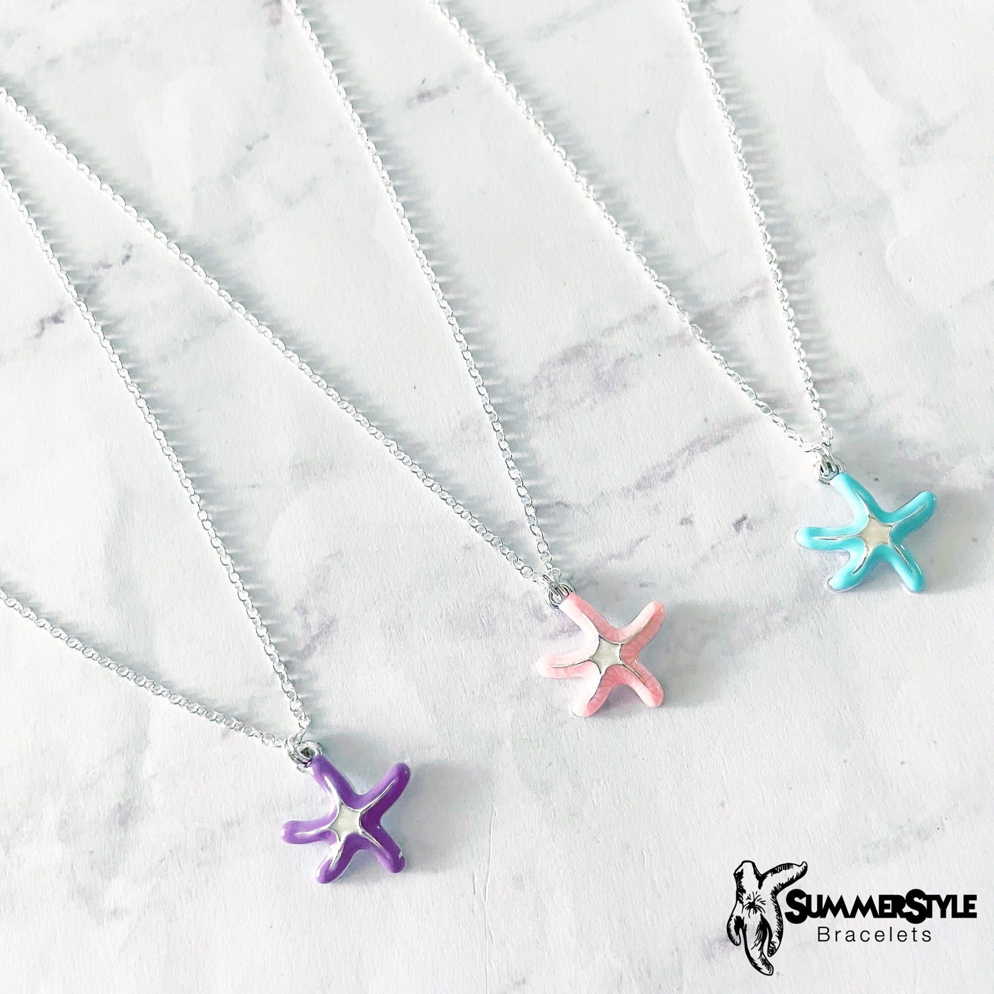 Pastel Starfish Charm Necklace, Mermaid Jewelry, Silver Chain Necklace, SummerStyle Bracelets