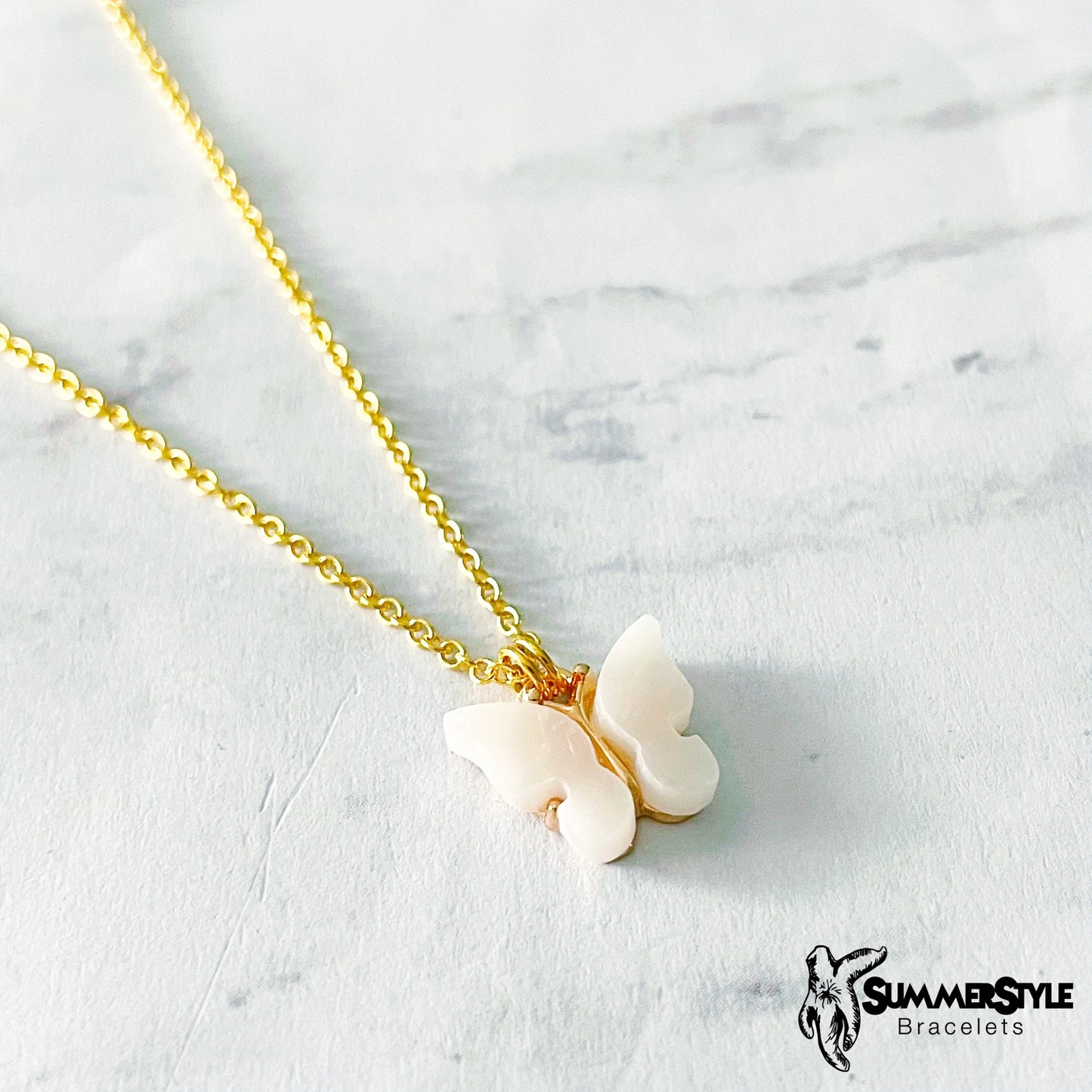 Iridescent White Mini Butterfly Necklace, Butterfly Jewelry, Gold Chain Necklace, SummerStyle Bracelets