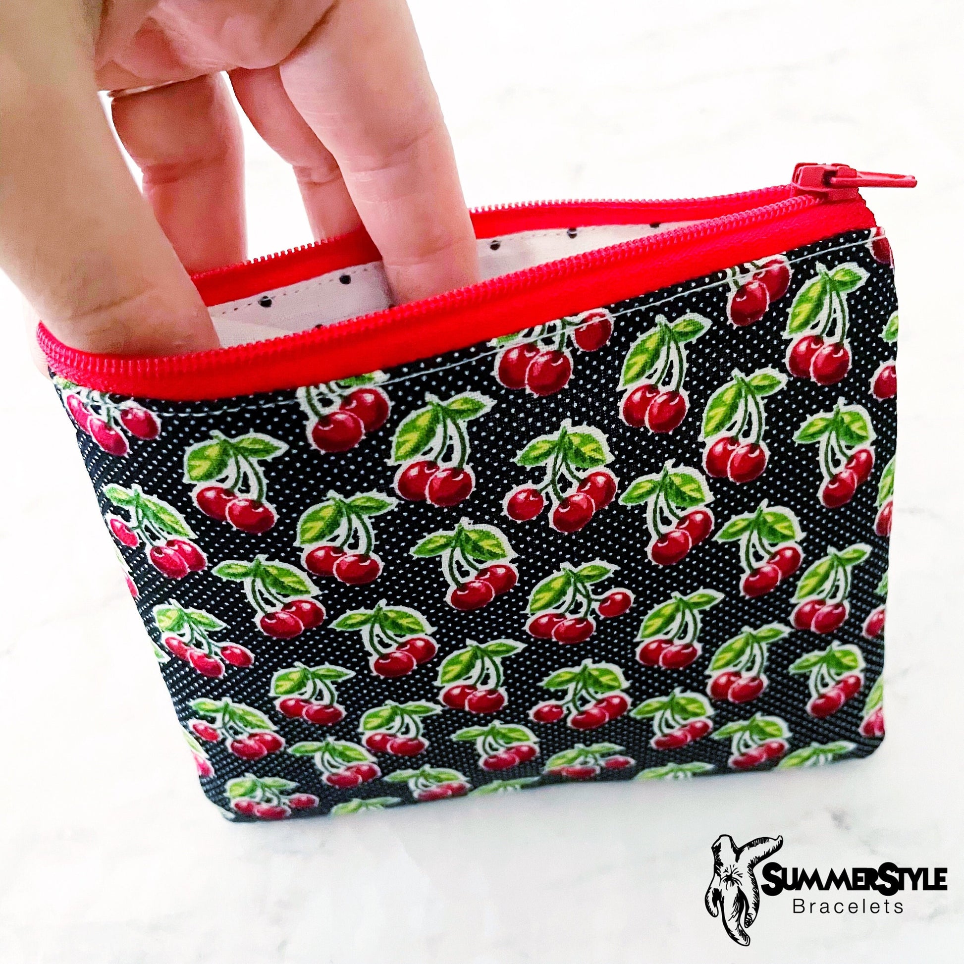 Vintage Cherries Zipper Pouch, Small Travel Bag, Zipper Coin Pouch, Toiletries Pouch, SummerStyle Bracelets