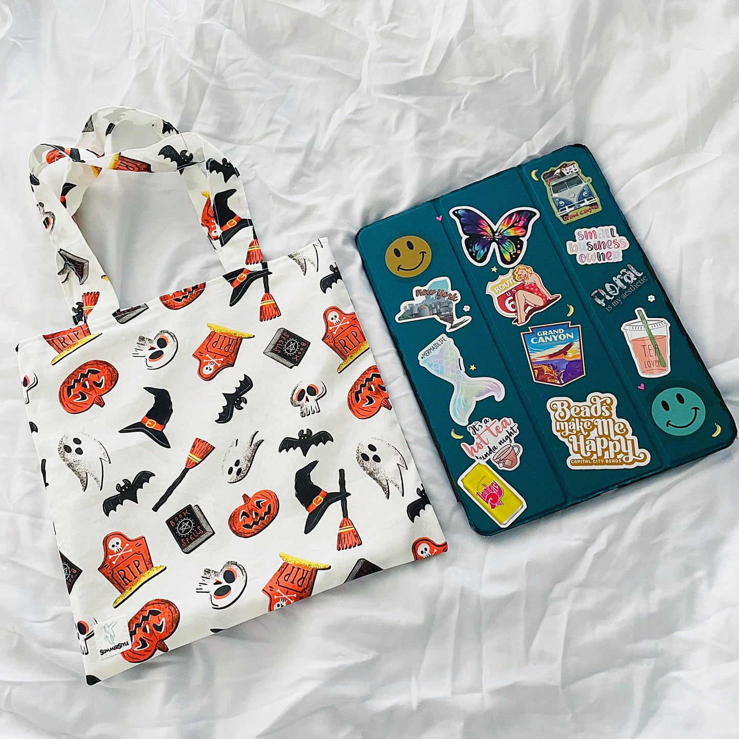 HALLOWEEN Spooky Icons Reversible Bookish Tote Bag, Reversible Tote, Trick or Treat Bag, Book Tote, SummerStyle Bracelets