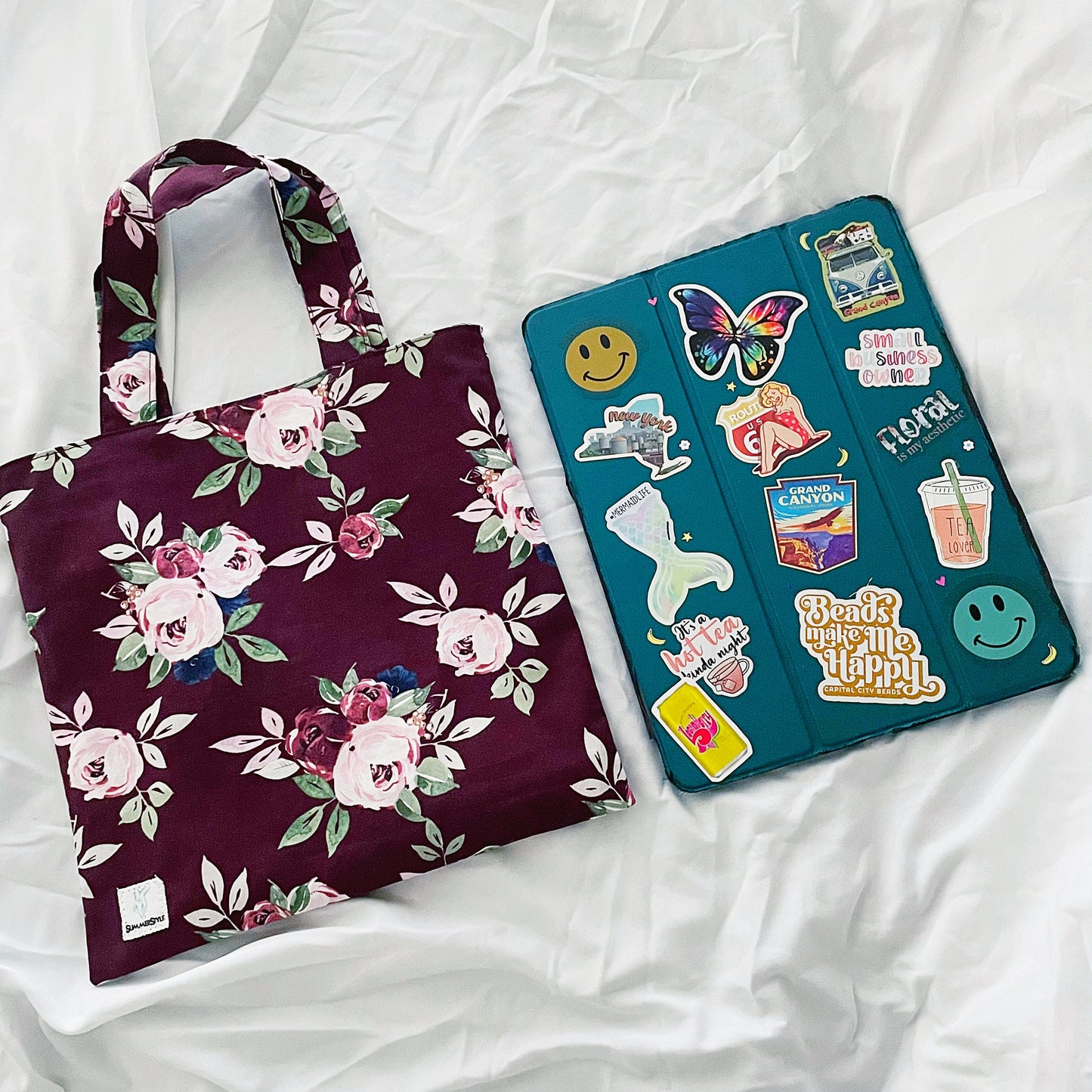 Burgundy Floral Reversible Bookish Tote Bag, Reversible Tote, Tablet Bag, Book Tote, SummerStyle Bracelets