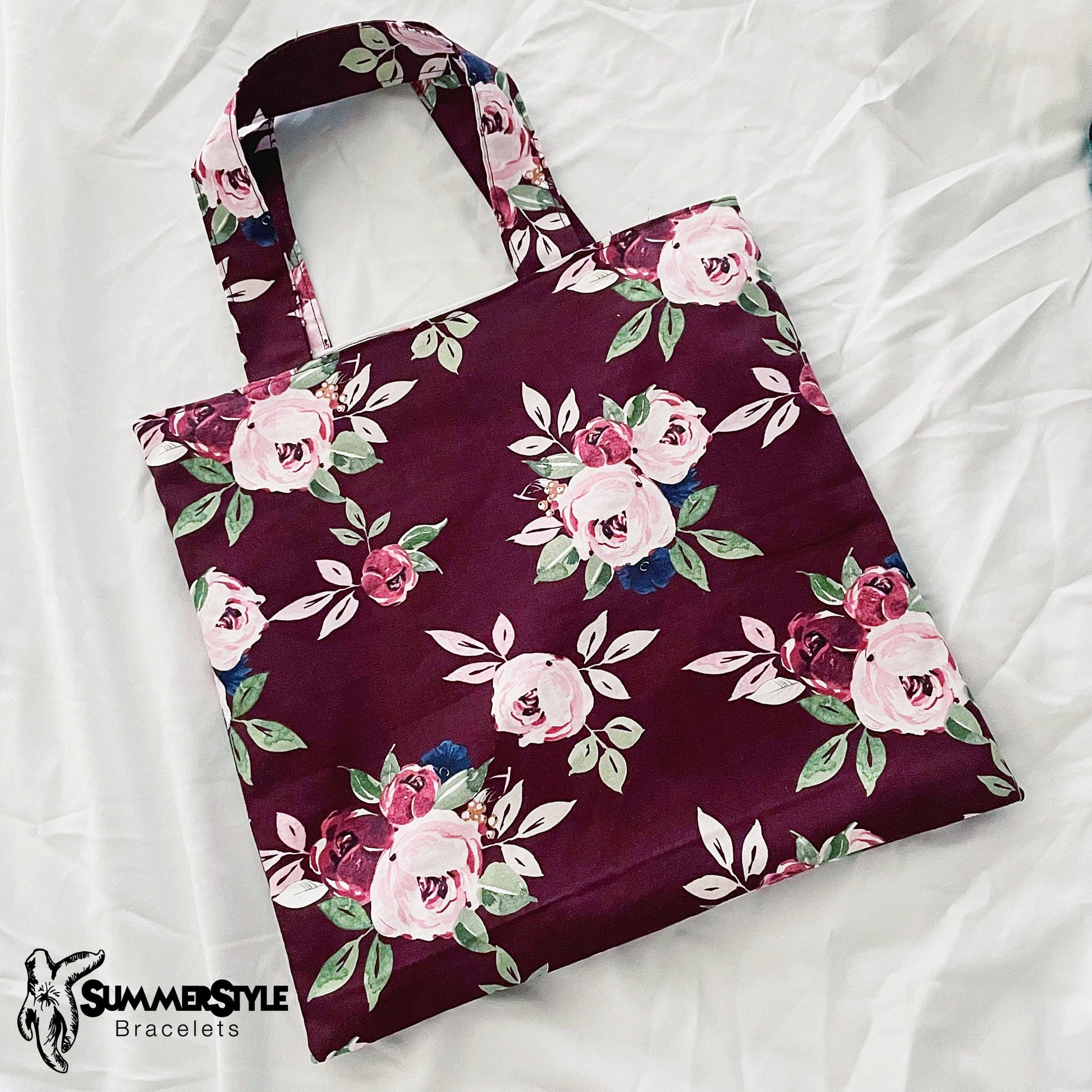 Burgundy Floral Reversible Bookish Tote Bag, Reversible Tote, Tablet Bag, Book Tote, SummerStyle Bracelets