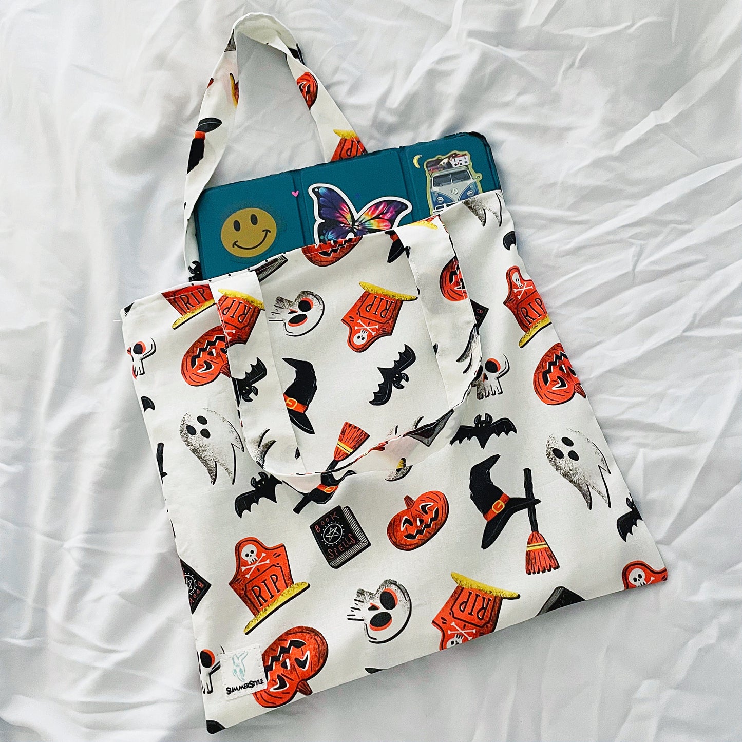 HALLOWEEN Spooky Icons Reversible Bookish Tote Bag, Reversible Tote, Trick or Treat Bag, Book Tote, SummerStyle Bracelets