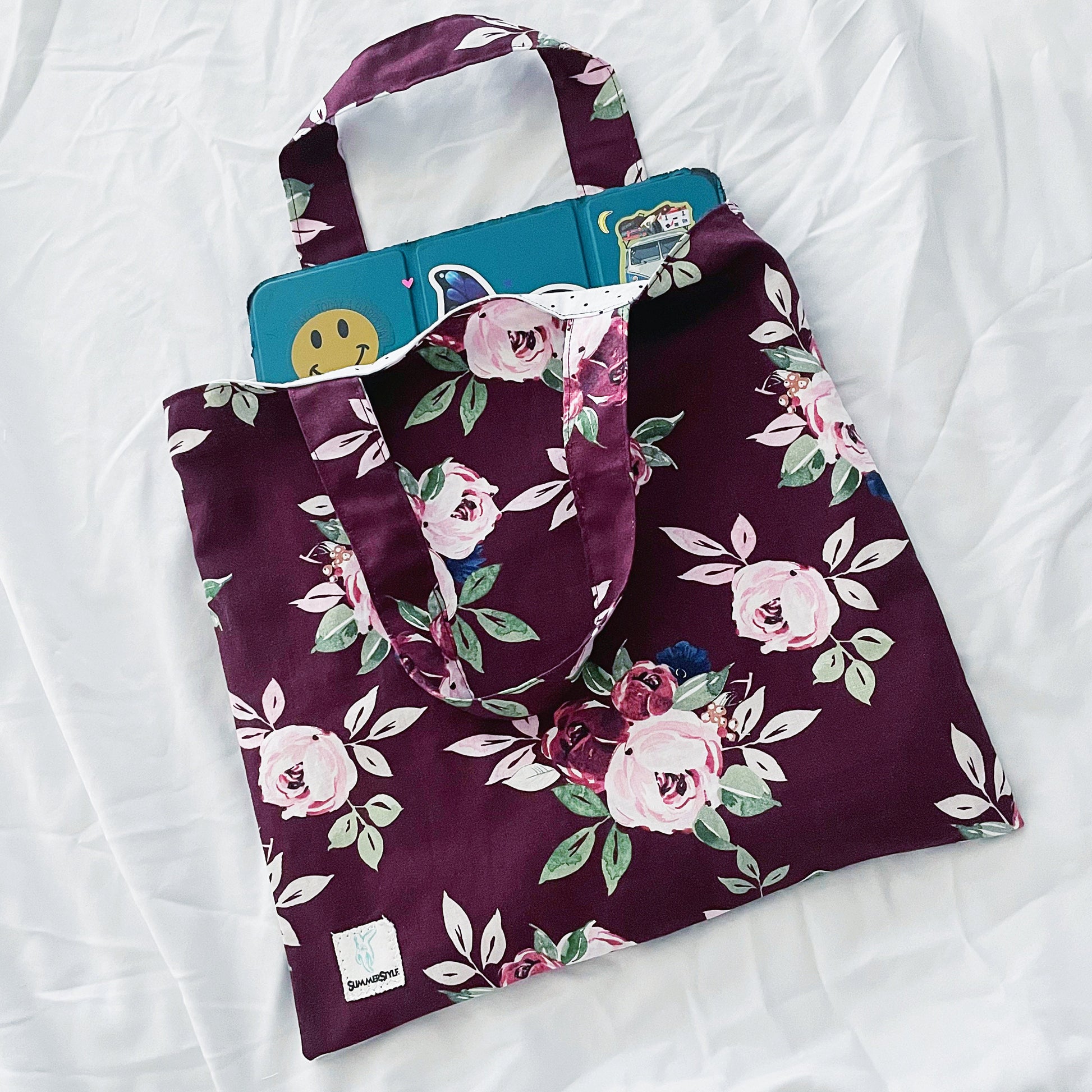 Burgundy Floral Reversible Bookish Tote Bag, Reversible Tote, Tablet Bag, Book Tote, SummerStyle Bracelets