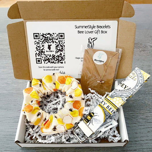 Bee Lover Gift Box, Curated Gift, Bee Jewelry, Bee Scrunchie, Gift Box for Her, Ready to Ship Gift, SummerStyle Bracelets