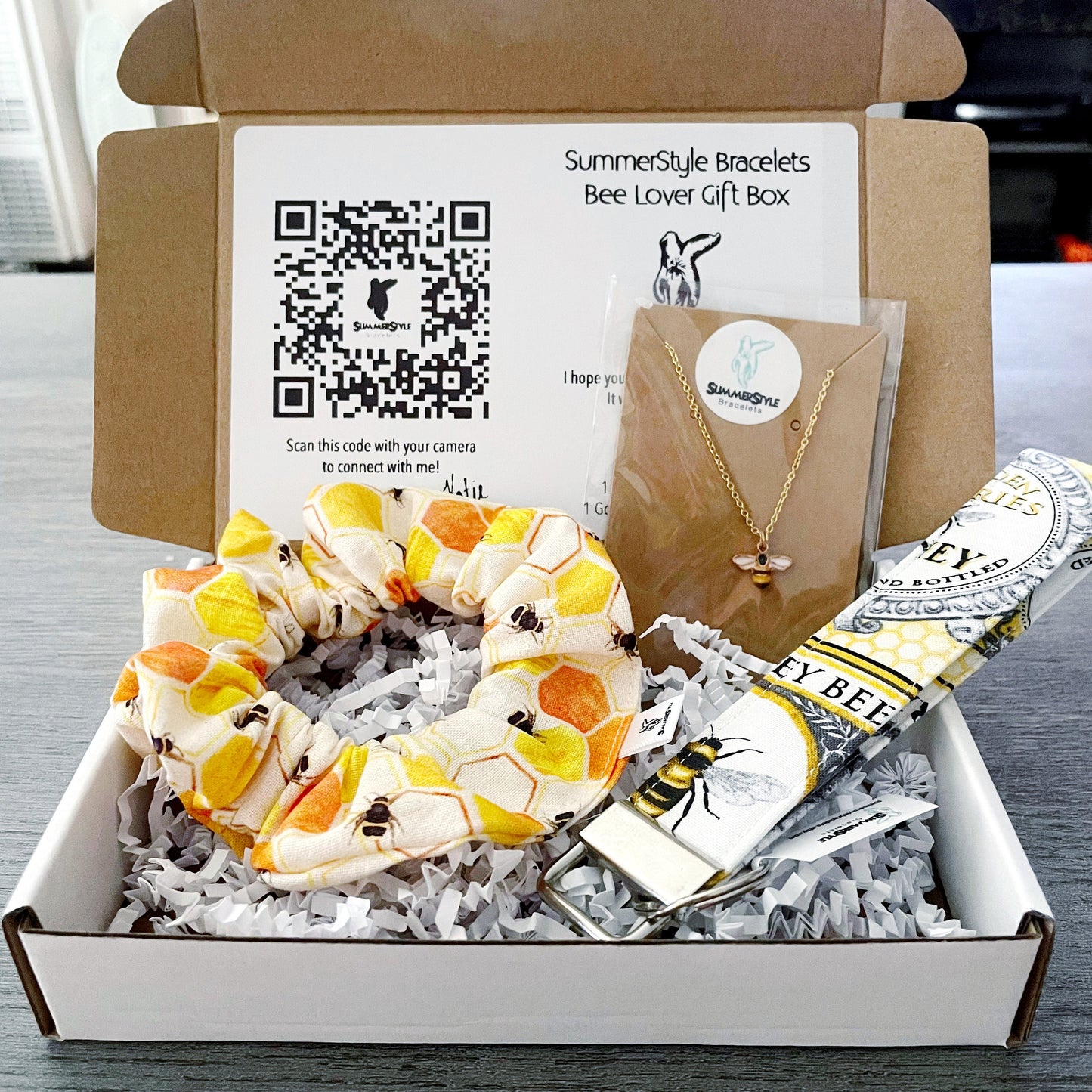 Bee Lover Gift Box, Curated Gift, Bee Jewelry, Bee Scrunchie, Gift Box for Her, Ready to Ship Gift, SummerStyle Bracelets