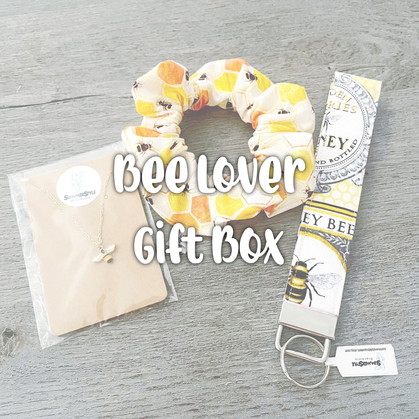 Bee Lover Gift Box, Curated Gift, Bee Jewelry, Bee Scrunchie, Gift Box for Her, Ready to Ship Gift, SummerStyle Bracelets