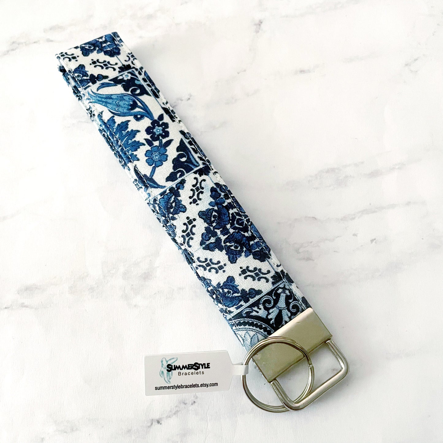 Vintage Blue Tile Key Fob Wristlet, 6.5in Wristlet Lanyard, Keychain Wristlet, Handmade Lanyard, SummerStyle Bracelets