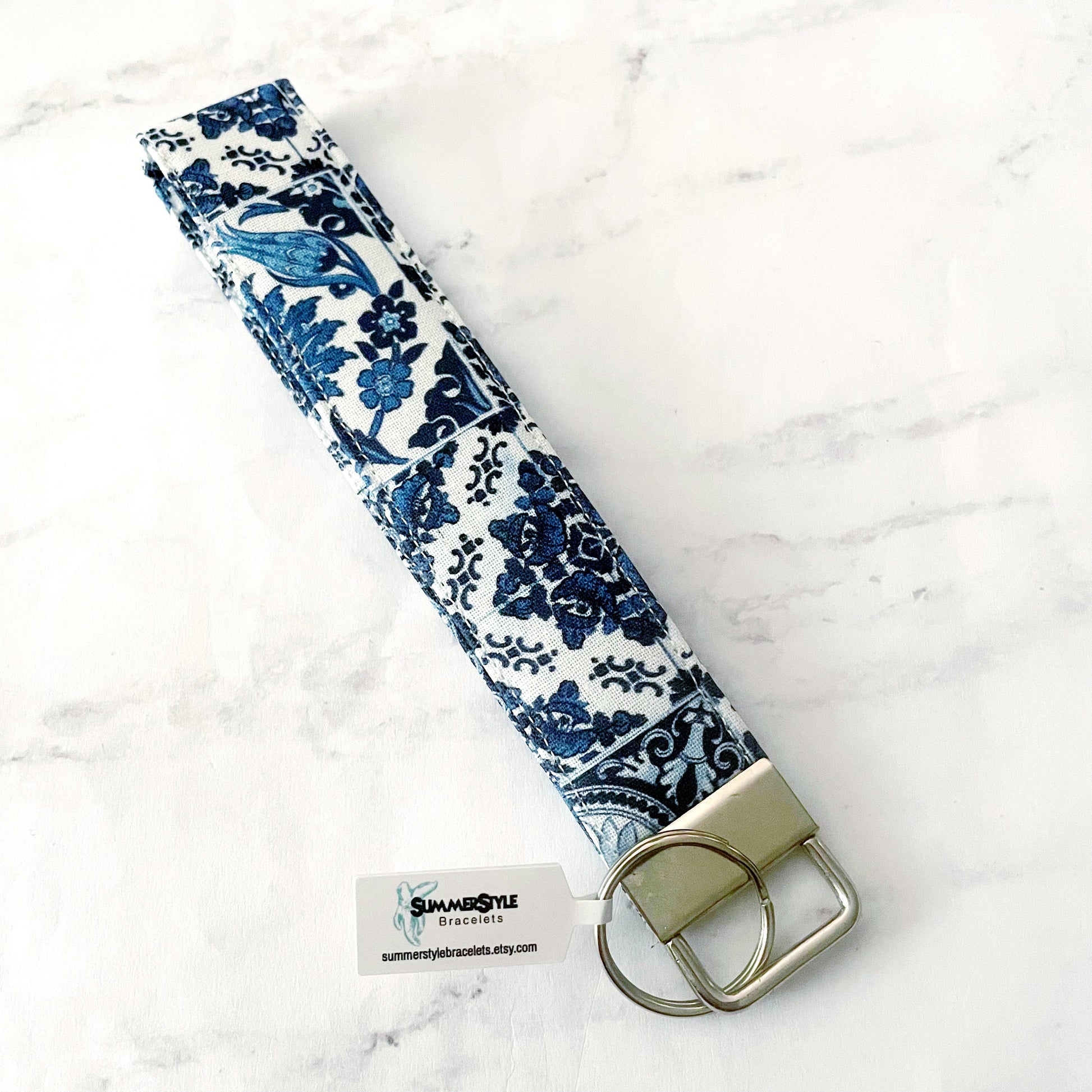 Vintage Blue Tile Key Fob Wristlet, 6.5in Wristlet Lanyard, Keychain Wristlet, Handmade Lanyard, SummerStyle Bracelets