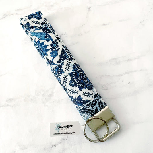 Vintage Blue Tile Key Fob Wristlet, 6.5in Wristlet Lanyard, Keychain Wristlet, Handmade Lanyard, SummerStyle Bracelets