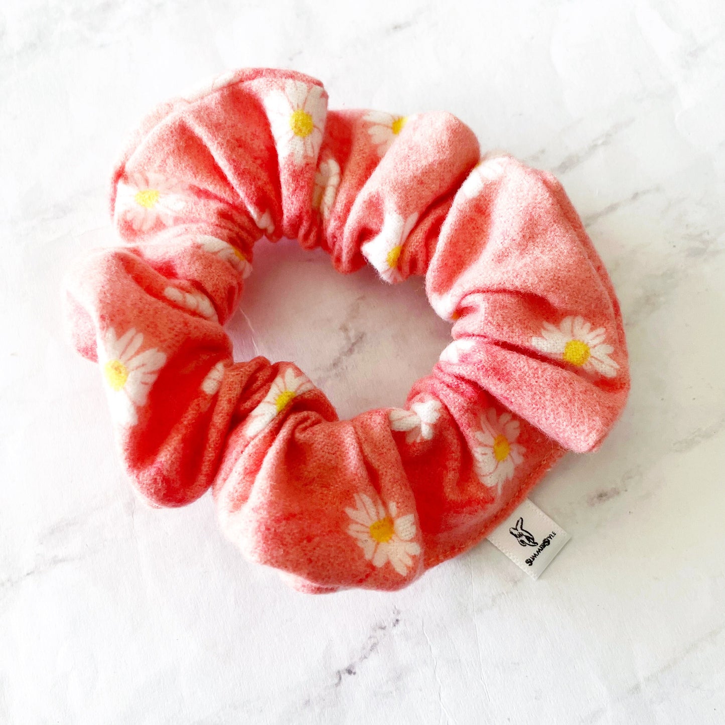 Coral Daisy Flannel Scrunchie, Floral Accessories, Soft Scrunchie, Floral Flannel, SummerStyle Bracelets