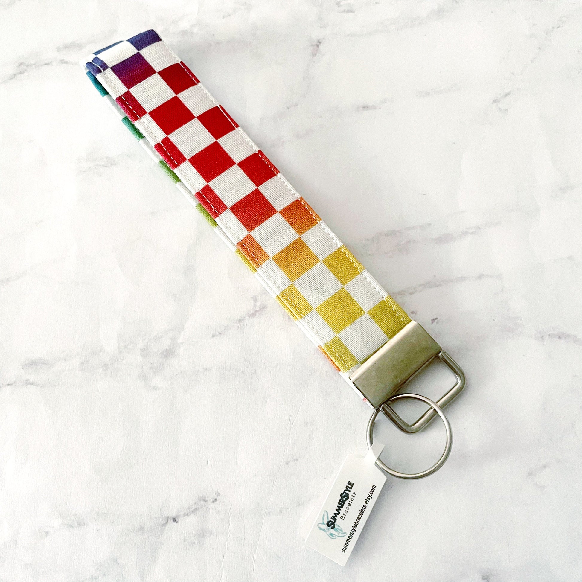 Rainbow Checkered Key Fob Wristlet, 6.5in Wristlet Lanyard, Keychain Wristlet, Handmade Lanyard, SummerStyle Bracelets