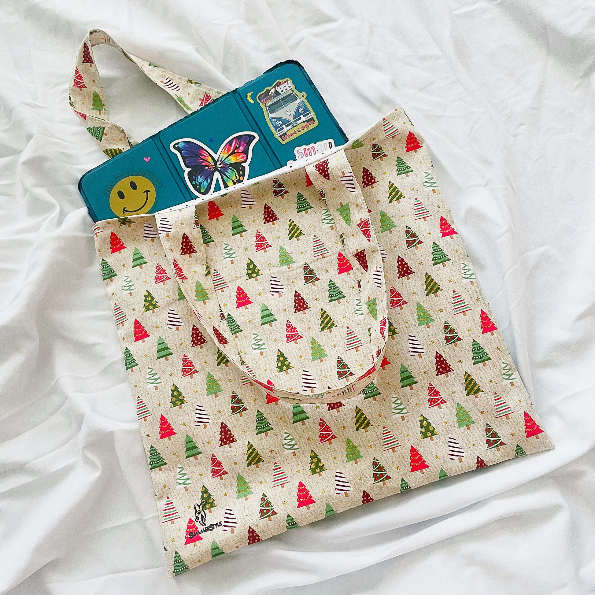 Christmas Tree Reversible Bookish Tote Bag, Reversible Tote, Tablet Bag, Holiday Tote Bag, Book Tote, SummerStyle Bracelets