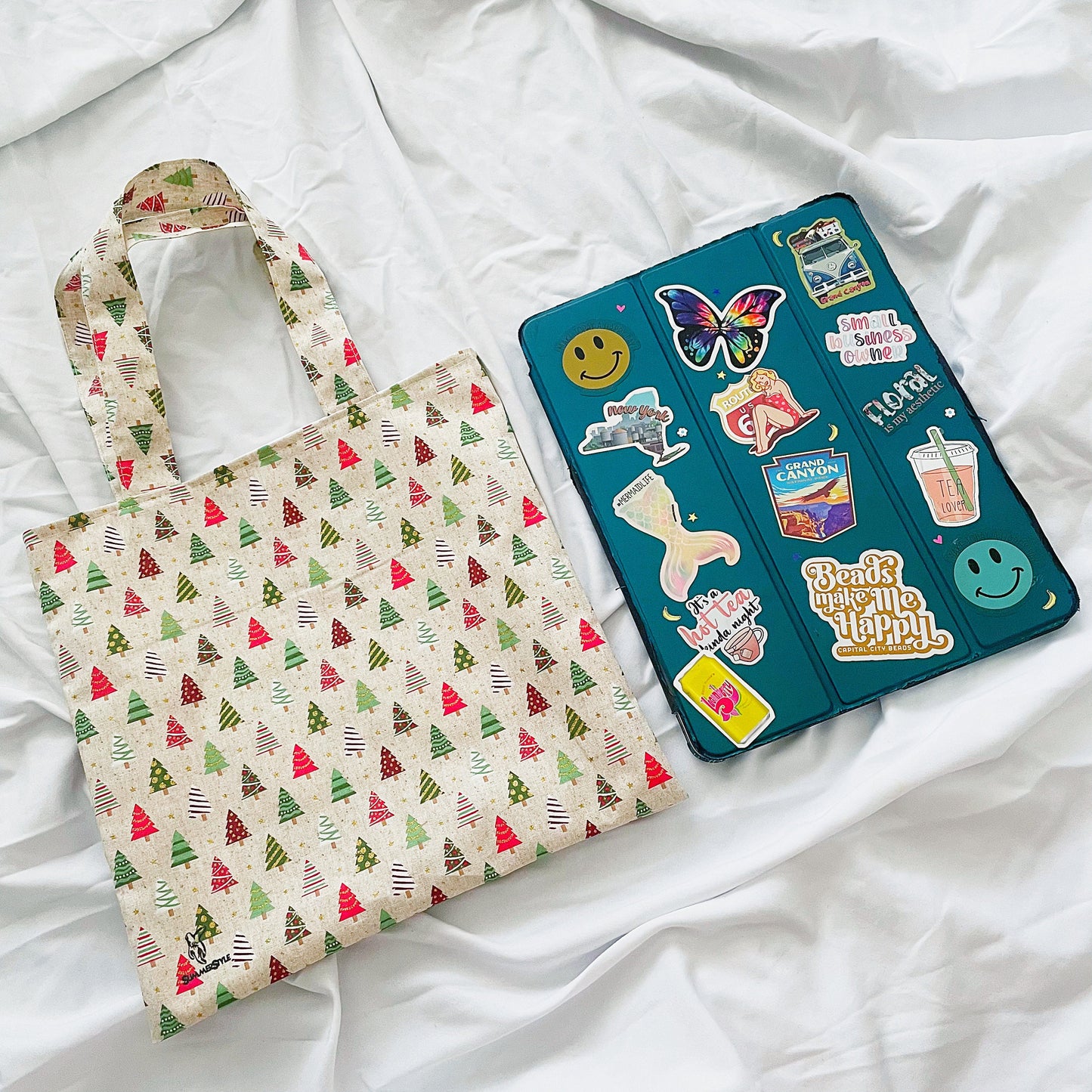 Christmas Tree Reversible Bookish Tote Bag, Reversible Tote, Tablet Bag, Holiday Tote Bag, Book Tote, SummerStyle Bracelets