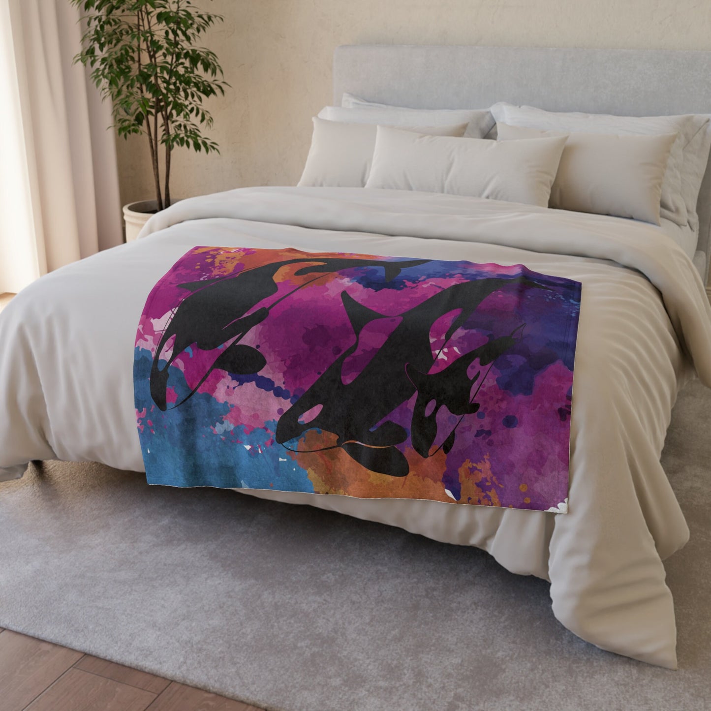 Watercolor Orca Soft Polyester Blanket, Cozy Throw Blanket, Orca Whale Blanket, SummerStyle Bracelets