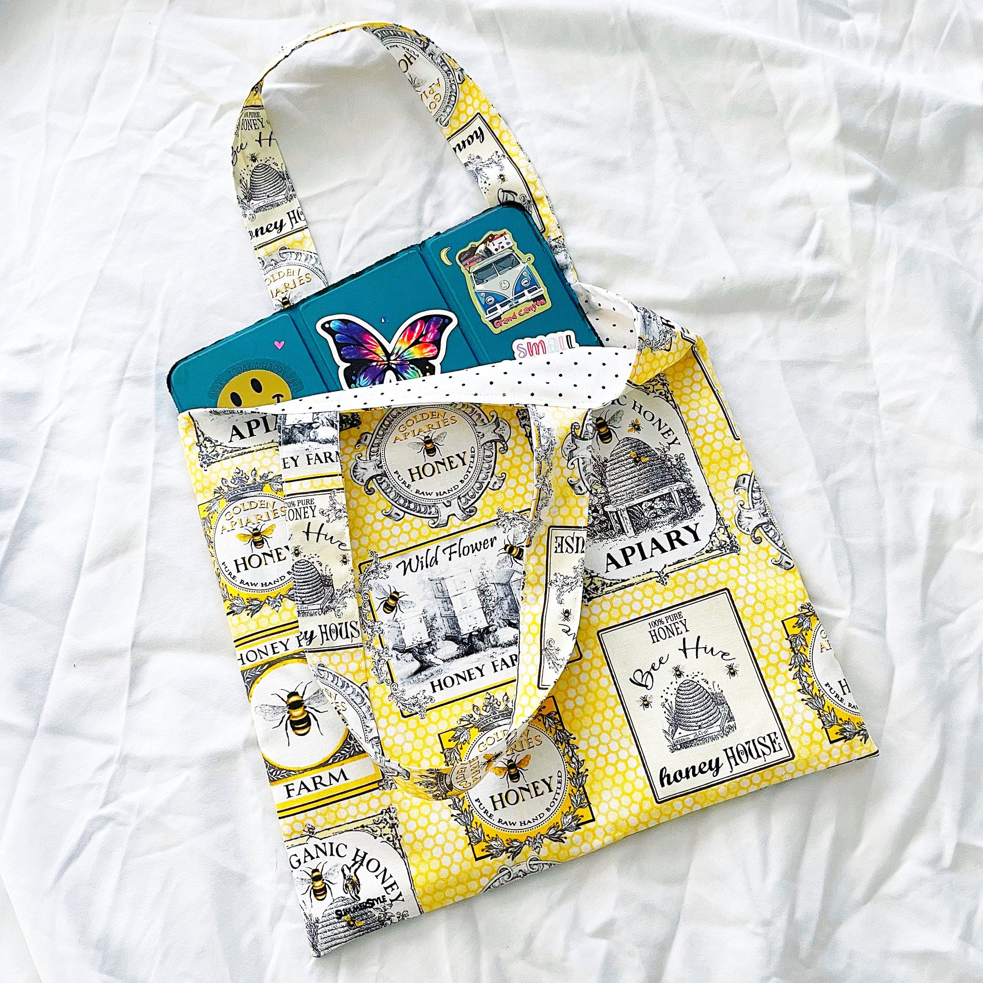 Honey Bee Farm Reversible Bookish Tote Bag, Reversible Tote, Tablet Bag, Book Tote, SummerStyle Bracelets