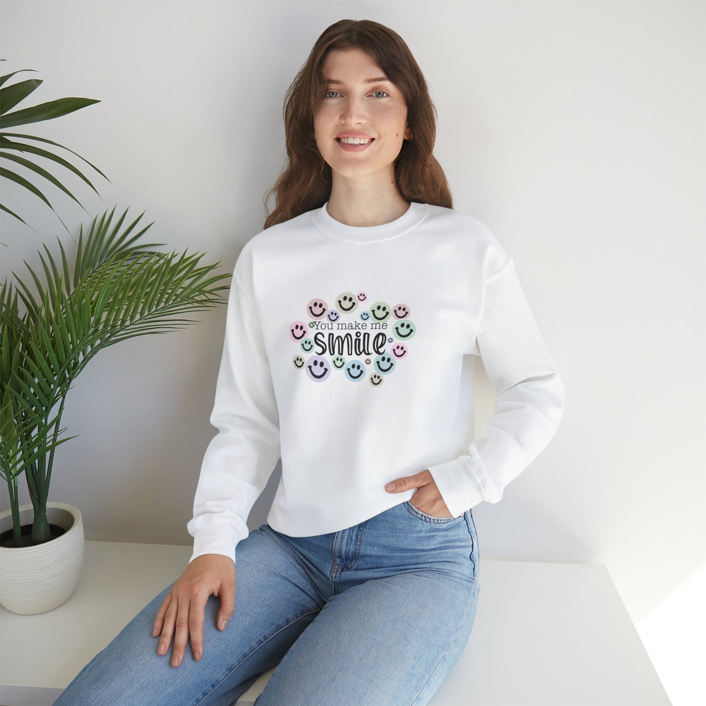 You Make Me Smile Unisex Heavy Blend Crewneck Sweatshirt, Happy Face Sweatshirt, Cotton Crewneck, SummerStyle Bracelets